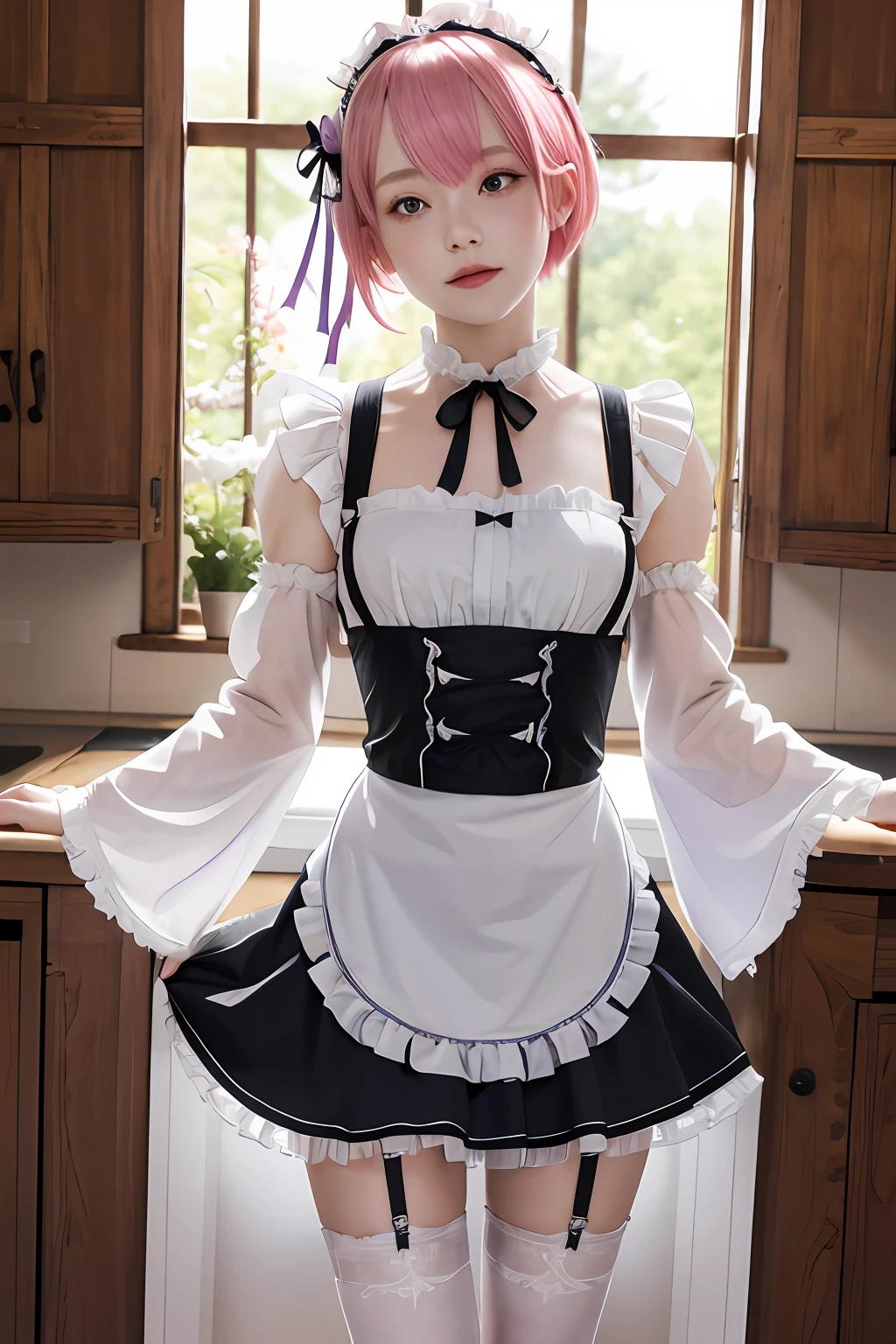 masterpiece, best quality, highres, ram1, 1girl, solo, ram \(re:zero\), pink hair, white thighhighs, short hair, red eyes, hair over one eye, ribbon trim, hair ribbon, x hair ornament, frills, maid headdress, waist apron, garter straps, black ribbon, small breasts, long sleeves, white apron, neck ribbon, purple ribbon, wide sleeves, hair flower,