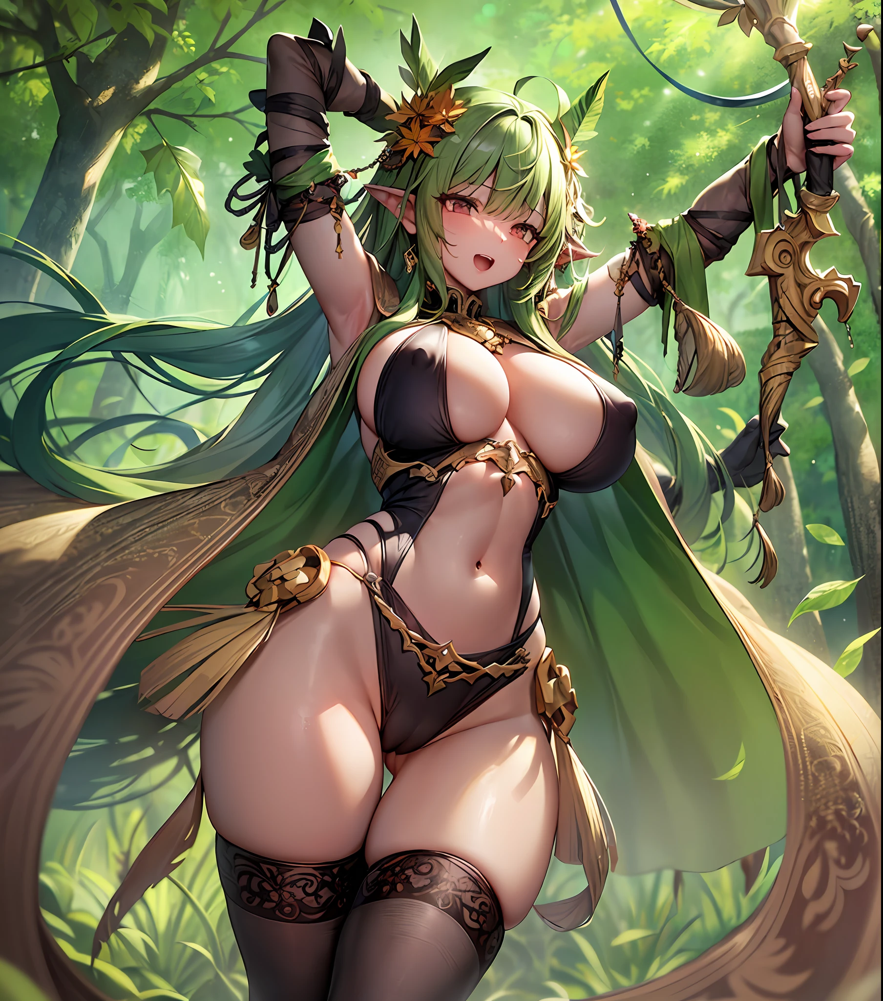 fantasy, 1forest_elemental_girl,, tiny,(dark_skin)0.9, (using_leaves_clothes, green_leaves_covered_breasts, leaves_covered_pussy,covered_nipples)+++,(gigantic_heavy_tits:1.1), walking, (smile, sleepy)+, medium_hair, navel oil, (winding_vine_around_torso)++, forest_background, leaves_headgear, green_leaves_cape, spread_arms, large_staff, leaves_thighhighs, big_ass,solo,(pelvic_curtain:0.9), tabard, spread_legs