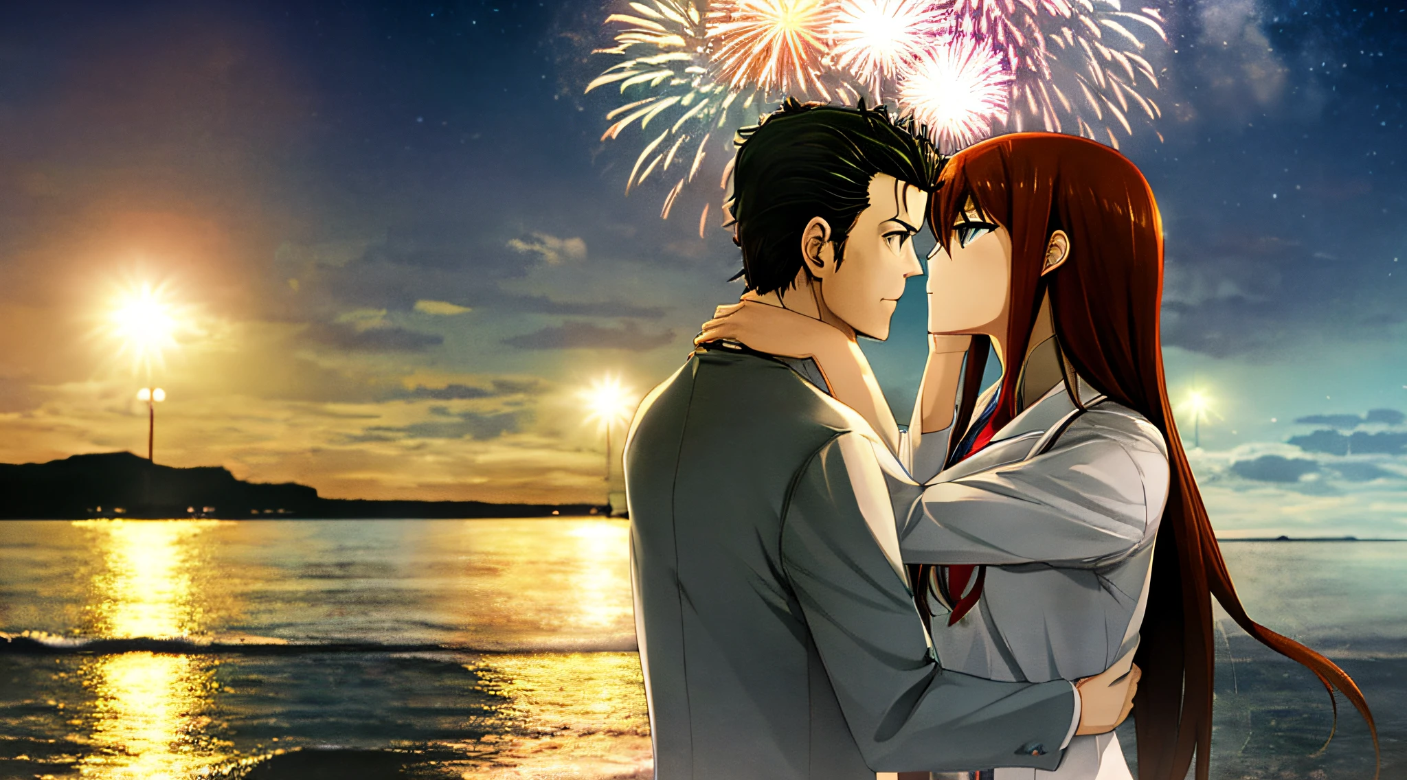 okabe rintarou，makise kurisu，sea beach background，Night fireworks，The two kissed