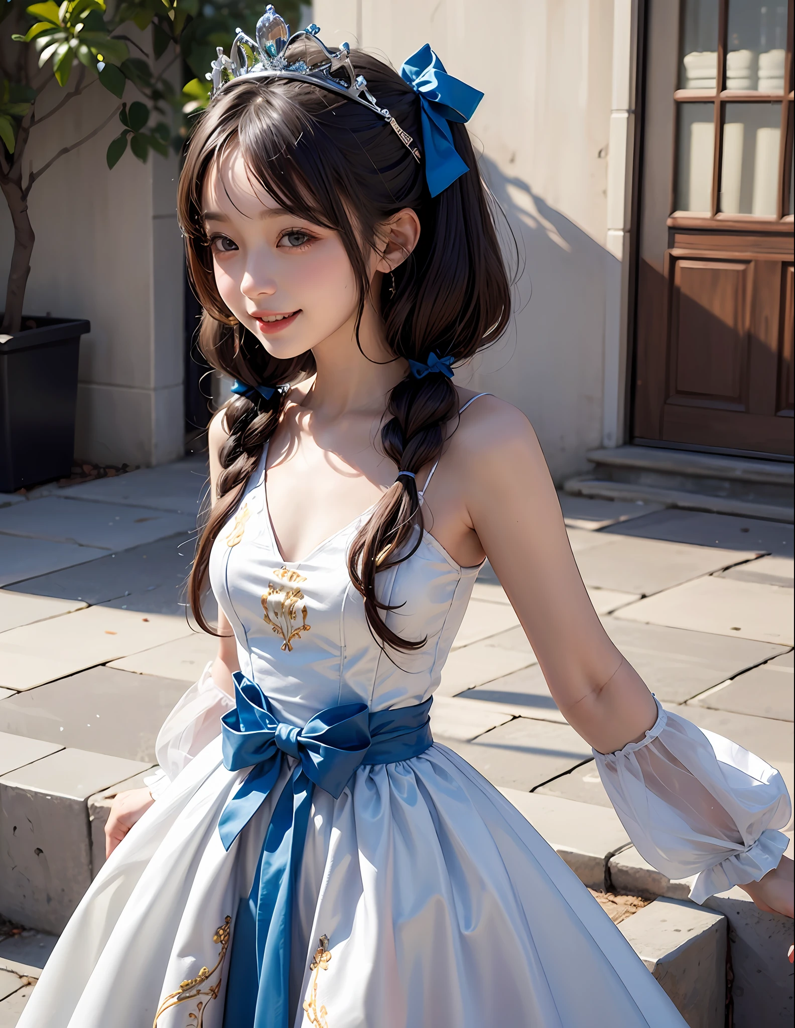 1Blittle girl,twintails,brunette color hair,By bangs,White embroidered long dress,Blue bow,9--old ale model,Princess,crown,Smile,