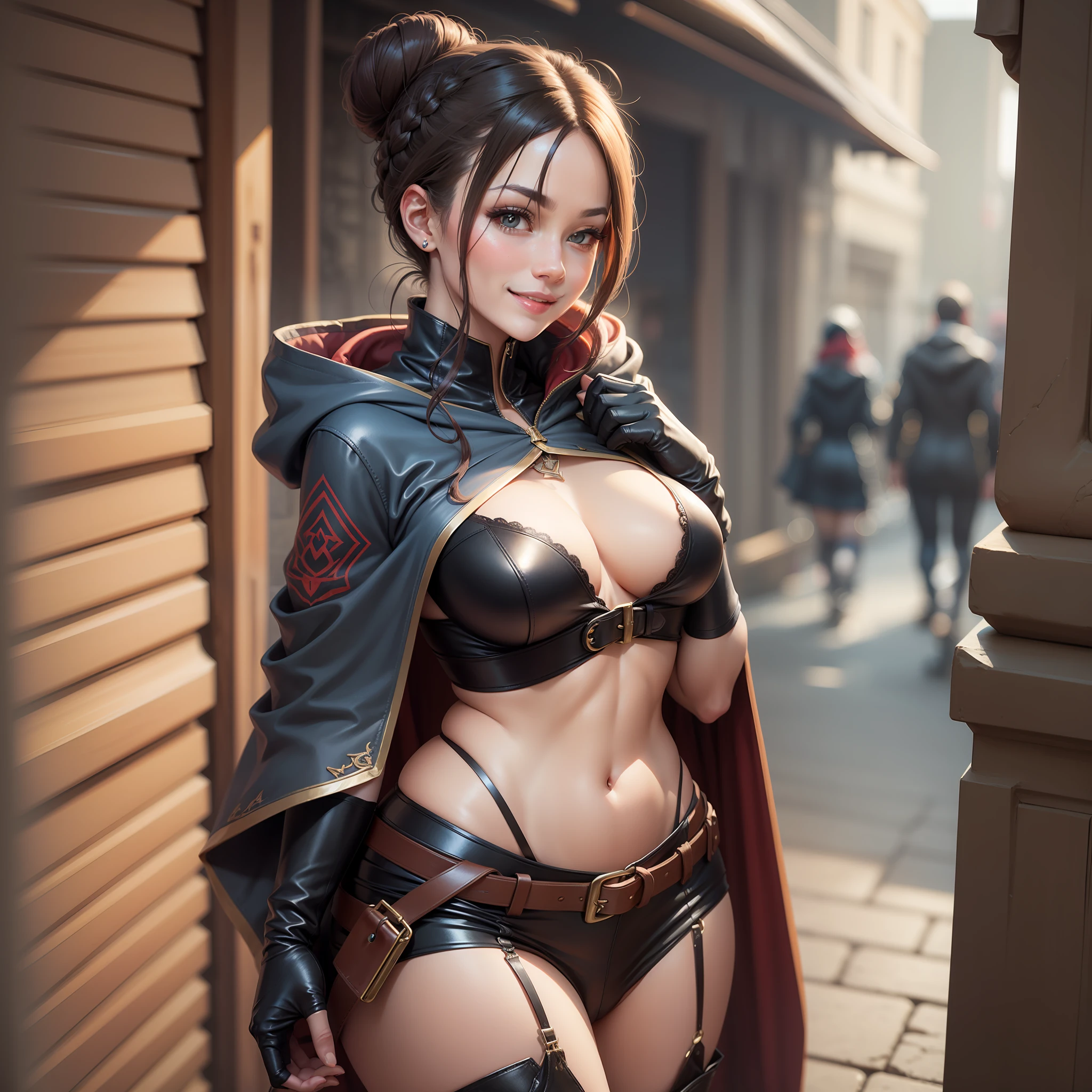 Sexy woman, Assassin's robes, hood down, hair in a neat braided bun, comforting smile, medium chest, widest hips, leather gloves and boots