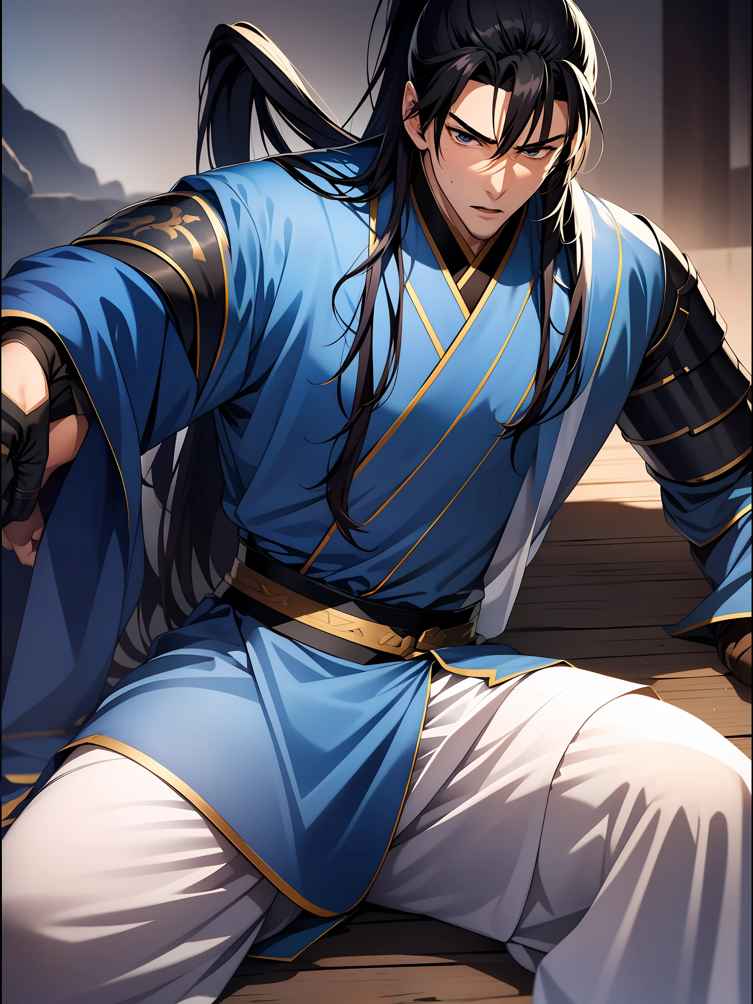 quadratic element,style of anime,1 man(Male Warrior),solo person,closeup of face,High ponytail hairstyle,perspired,White Hanfu,longer sleeves,Wear arm guards、Armour,blue colored eyes(eyes glowing),cabelos preto e longos,Sweat on the face,Handsome,(juvenile sense),Clothing is complicated,Refinement,high qulity,higher details,a sense of atmosphere,facial closeups,