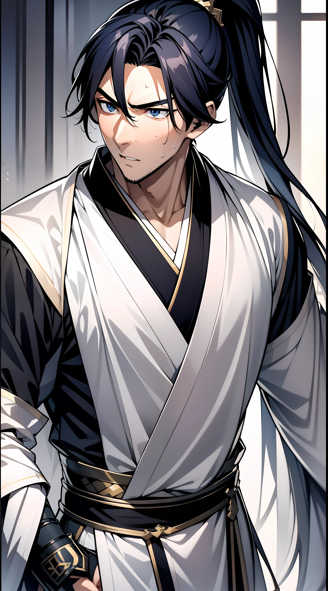 quadratic element,style of anime,1 man(Male Warrior),solo person,closeup of face,High ponytail hairstyle,perspired,White Hanfu,longer sleeves,Wear arm guards、Armour,blue colored eyes(eyes glowing),cabelos preto e longos,Sweat on the face,Handsome,(juvenile sense),Clothing is complicated,Refinement,high qulity,higher details,a sense of atmosphere,facial closeups,