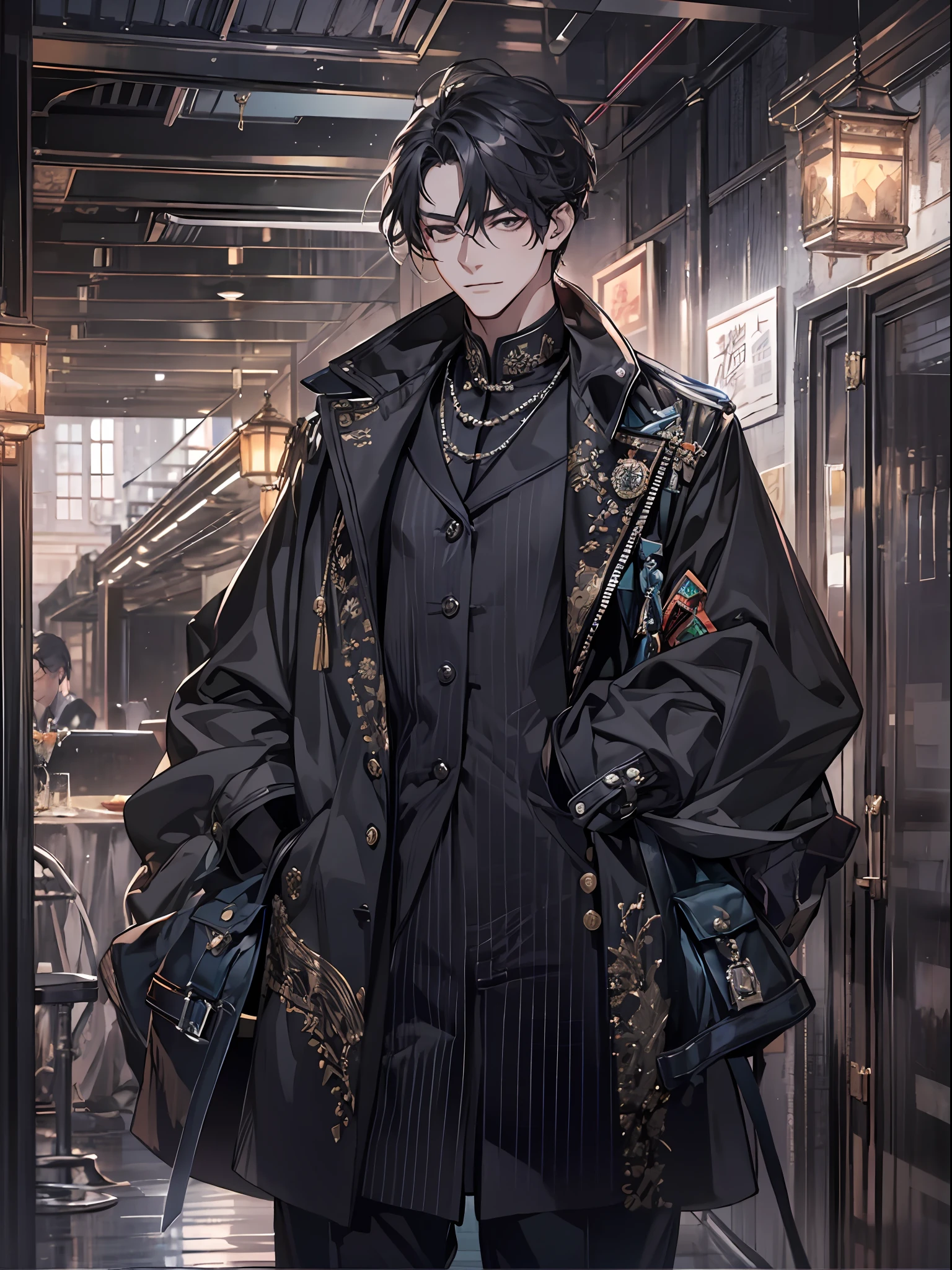 in a panoramic view，8K分辨率，Exquisite facial features，A grown man，Black mid-head type，dressed in a black coat，pervert smirk，In the room，（（（full bodyesbian）））