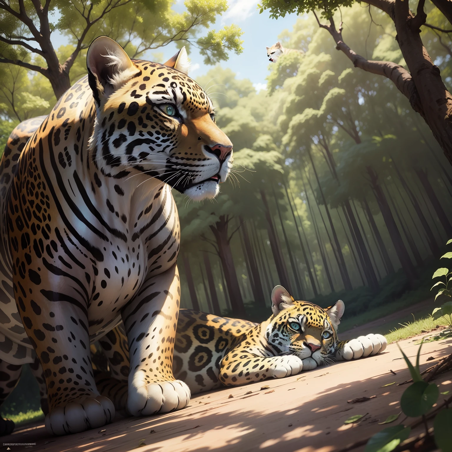 para um livro infantil, em uma clareira na floresta, The children had a magnificent view: a majestic jaguar, com suas manchas douradas reluzindo ao sol, she was lying under the shade of a towering tree