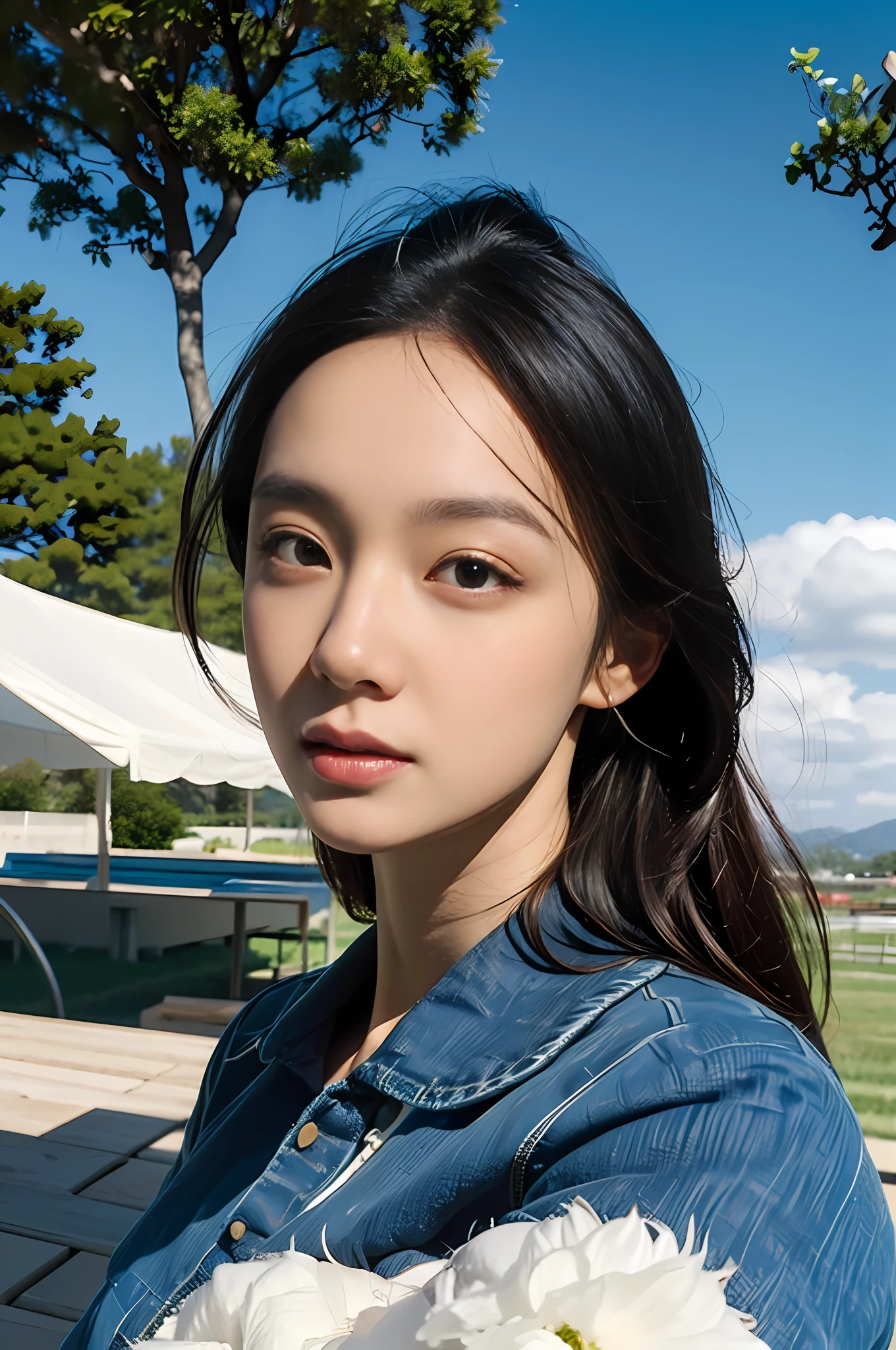 夏天,grassy fields,A few small flowers,clear lakes,A girl in a short skirt,sheeps,a paradise,large clouds,blue-sky,scorching weather,high definition detail,hyper-detailing,cinematic ligh,ultra-realistic realism,the soft light,Deep field focus bokeh,The vista in the distance is snow-capped mountains,Ray tracing and surrealism。 --v6