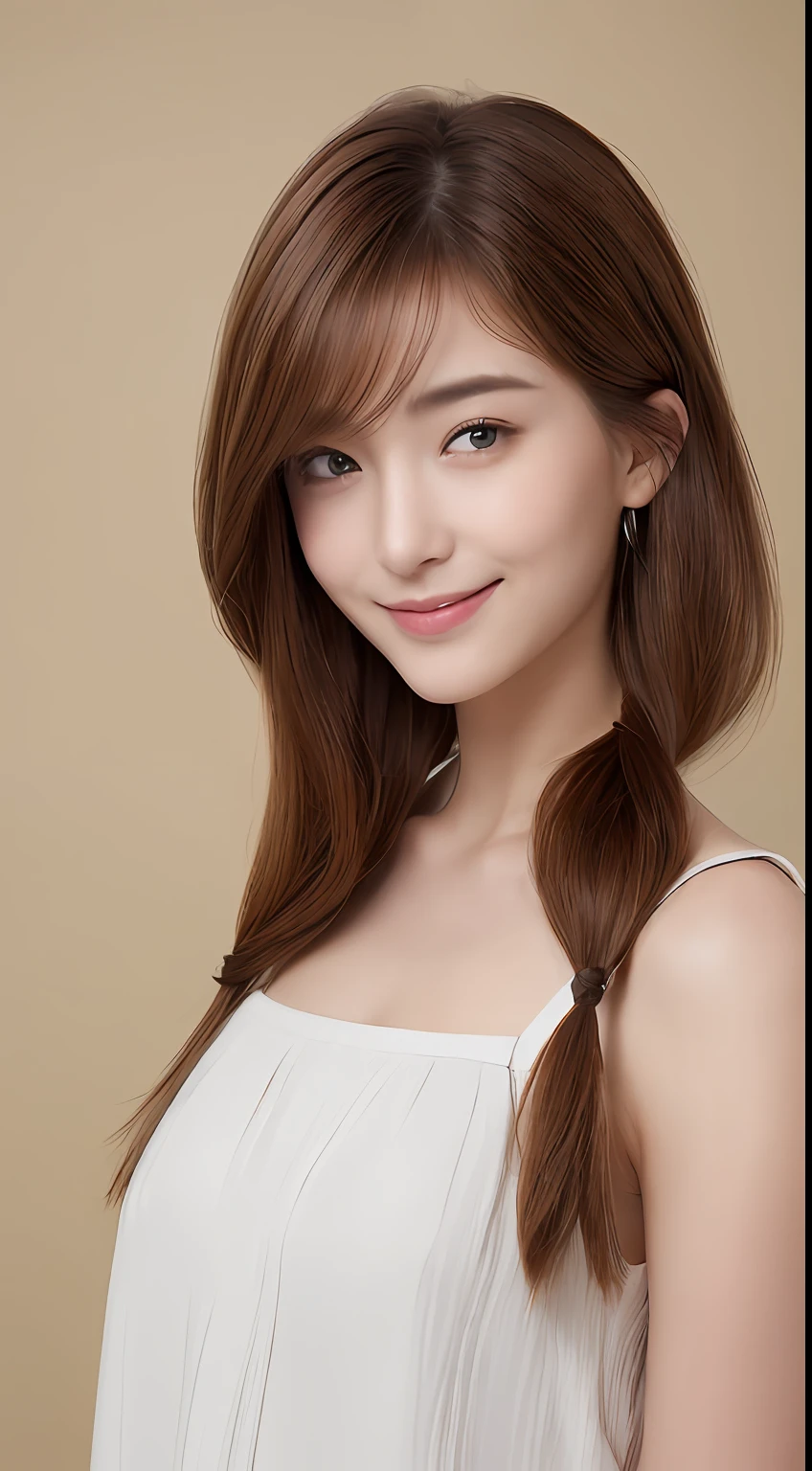 ((top-quality、8K、masterpiece:1.3))、20 years girl、Slim Abs Beauty:1.3、(Hairstyles Brown Hair Shortcuts、huge tit:1.2)、doress:1.1、Super fine face、Delicat eyes、二重まぶた、a smile、home、Raw photo