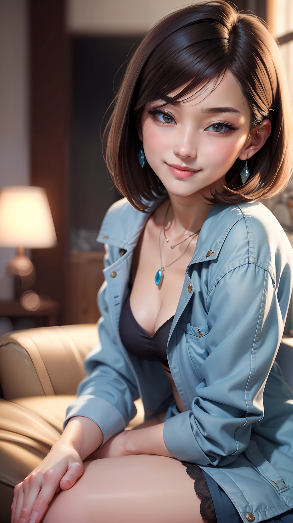 Smiling Minchen,

Absurd, mouth closed, eyes balanced,
(Best Quality Detail: 1.2), Realistic, 8K HD, Ultra Detailed, High Quality Texture, Complex Detail, Detailed Texture, Fine Detail, High Detail, Extremely Detailed CG, High Quality Shadows, Detailed Beautiful Delicate Face, (Detail Beautiful Delicate Eyes: 1.32), Depth of Field, Ray Tracing, (A Beautiful 25 Year Old Cute Japanese Lady: 1), Small Tits, tall_female, beautiful_legs, Glow Eyes, Blush, Perfect petite body, thin,
outdoor background blur,
silver
Tight
bra
blue
Elegant
denim jacket,
 Open coat: 1.1, [brown_skirt]:1, stockings and garter: 1.2, Bob cuts hair, cozy living room, sunshine, kneeling on sofa, earrings, necklace, model, looking at the audience, dynamic pose, earrings, necklace, model, looking at the audience, from the side, dynamic pose, front
