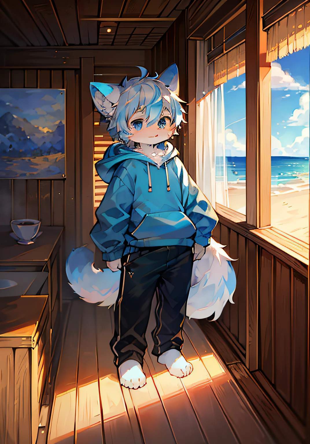 (Bright environment:0.8),masterpiece,high quality,abstract res,digital painting\(artwork\), by dagasi, yupa,kiyosan,(anthro,fluffy fur,character focus:1.1),anthro male cat,short hair,portrait , eyes with brightness, in a panoramic view, Character focus.(detailedbackground:0.7), 独奏, shaggy, shaggy male, malefocus, anthr,(Full Body Furry, Fluffy tail, Blue-white fur, blue color eyes, Blue-white hair:1.2), (long canines、Hooded sweatshirt、long trousers、Barefoot:1.2),(interiors、In the daytime、beachside、swell sea:1.1)