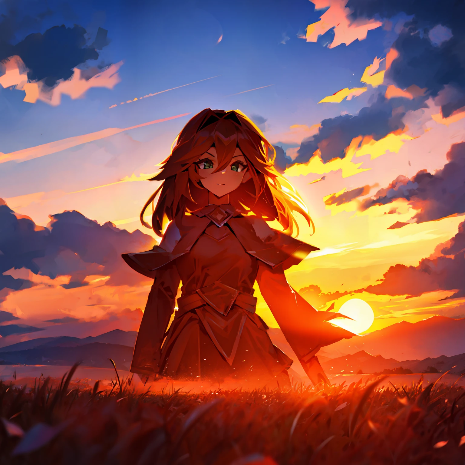 girl standing in field, closeup, portrait, clouds, sunrise