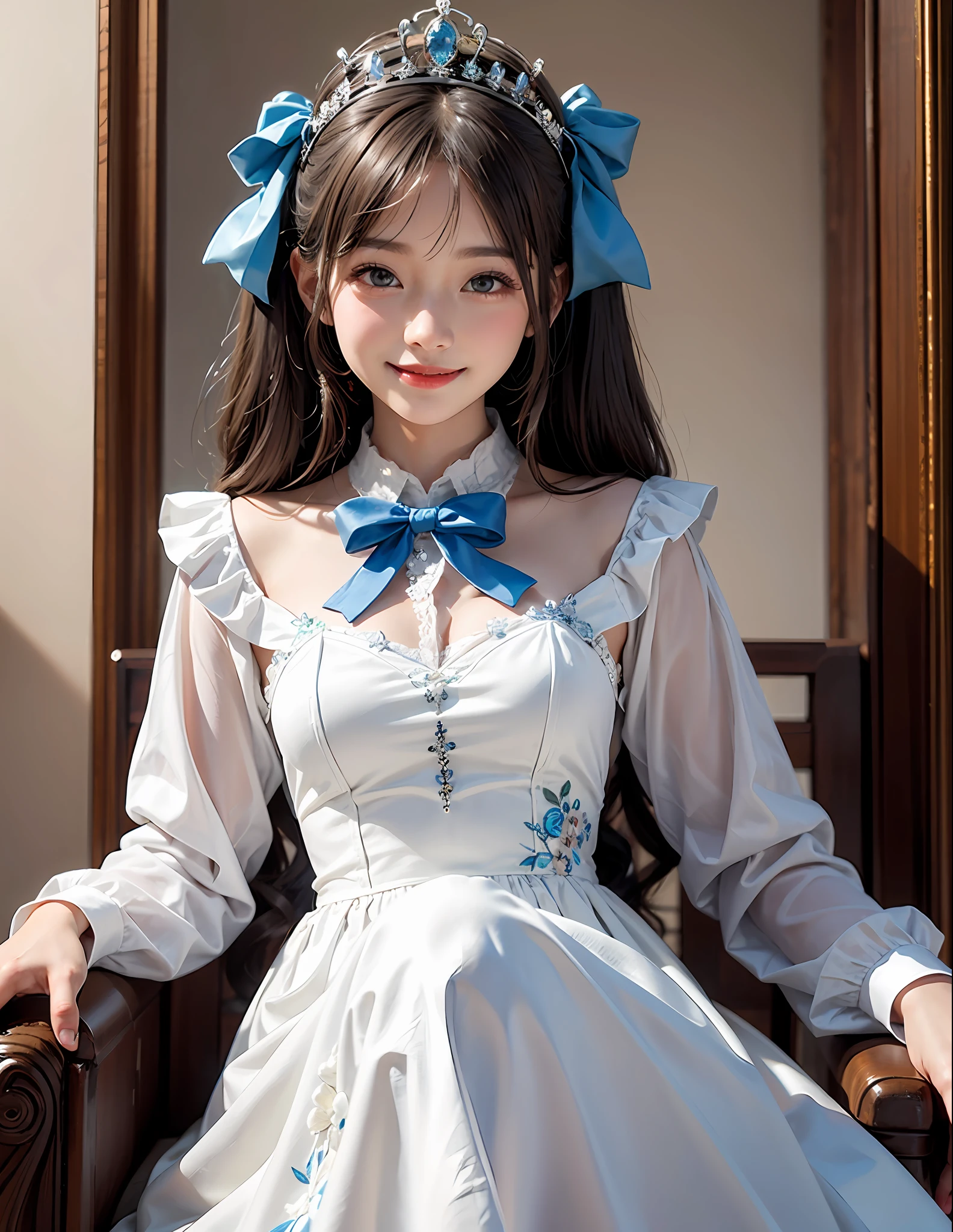 1Blittle girl,twintails,brunette color hair,By bangs,White embroidered long dress,Blue bow,9-year-old female model,Princess,crown,Smile,