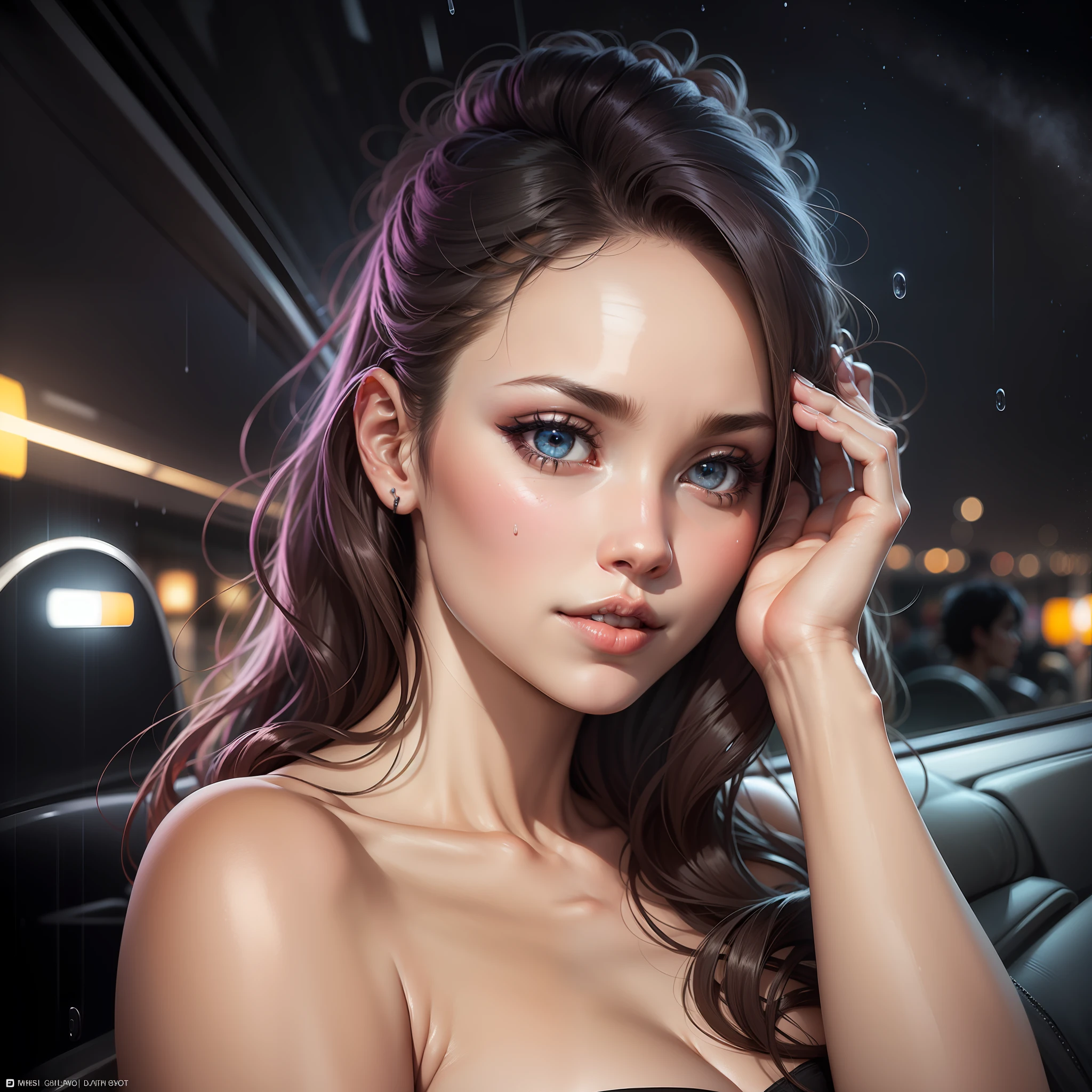 Sexy woman, seductive eyes, bending forward, through car window, cleavage, night time, raining
