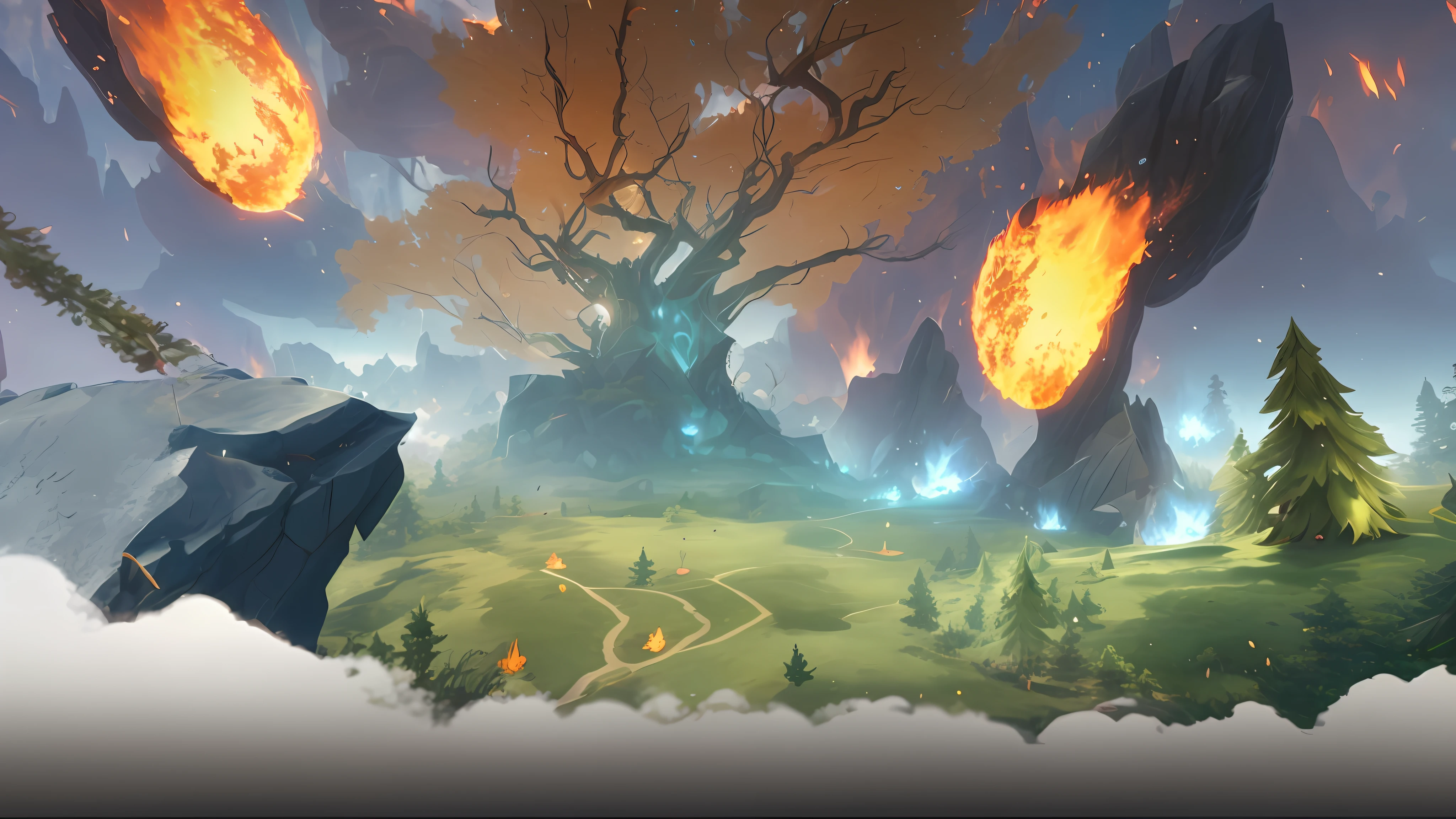 A forest scenery full of war,Fireballs streaked across the sky,The sky was filled with smoke and flames,The close-up vision is also full of gunsmoke,On the left there are detailed rocky cliffs,Under the rocky cliffs is a pine forest,In the distance is a world tree,The fireball flies towards the World Tree,In this scene, has cleavage(Stone cliffs+smog+balls of fire+pines+lawns+World Tree),Feel the atmosphere of the World Tree being attacked by fireballs,League of Legends CG,War Arena,Game concept background,A masterpiece