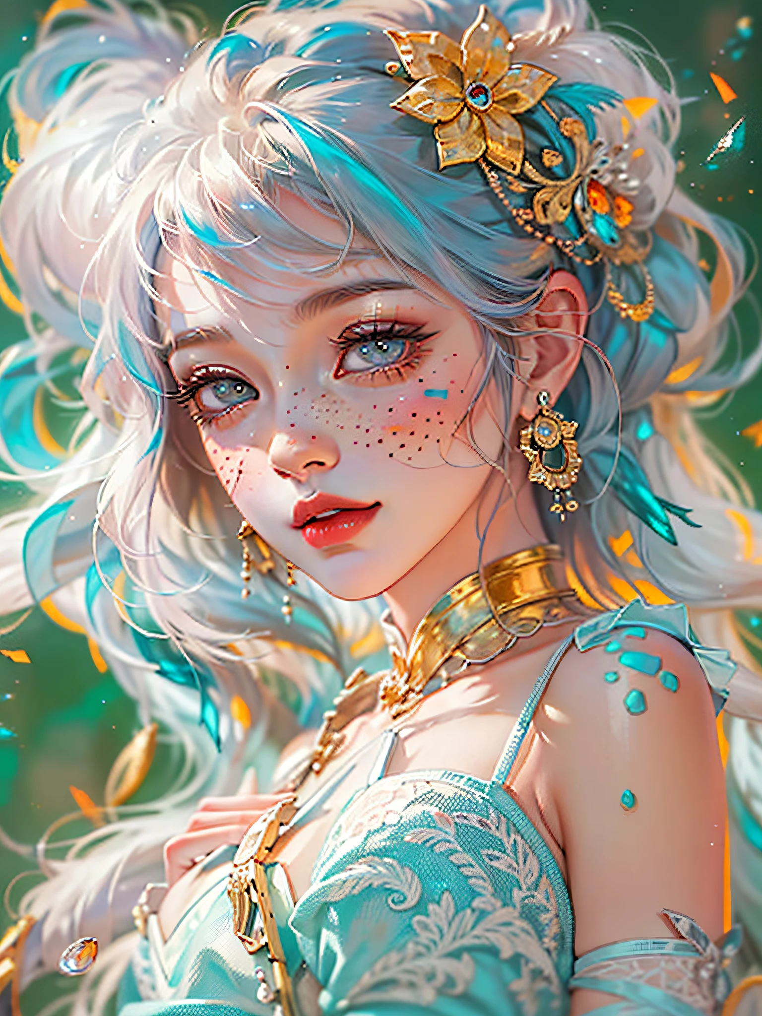 ((ultra detailed)),((Bright eyes)), (Detailed eyes) , 8k, blink blink, (The Little Faux Freckles Makeupgirl), ((realistic skin)), ((focus detailed 2 straps on the shoulders of dress)) , ((shiny facial skin)), with colorful hair and a colorful dress, rossdraws pastel vibrant, rossdraws cartoon vibrant, style anime 8k, beautiful portrait, artgerm colorful!!!, ! dream artgerm, beautiful anime girl, styled digital art, art wallpaper 8k, digital art, extremely detailed artgerm,