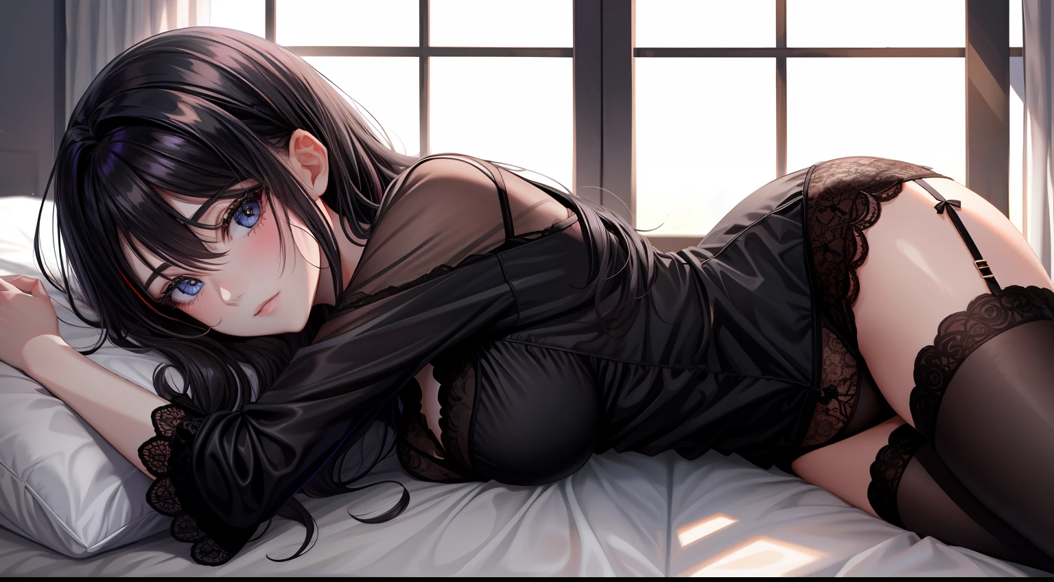 tmasterpiece,Best quality,A detailed eye,vivd colour,Delicate skin,1girll,
Gorgeous bedroom,Beds,Lie down in bed,(((((dark chamber))))),Black lace panties