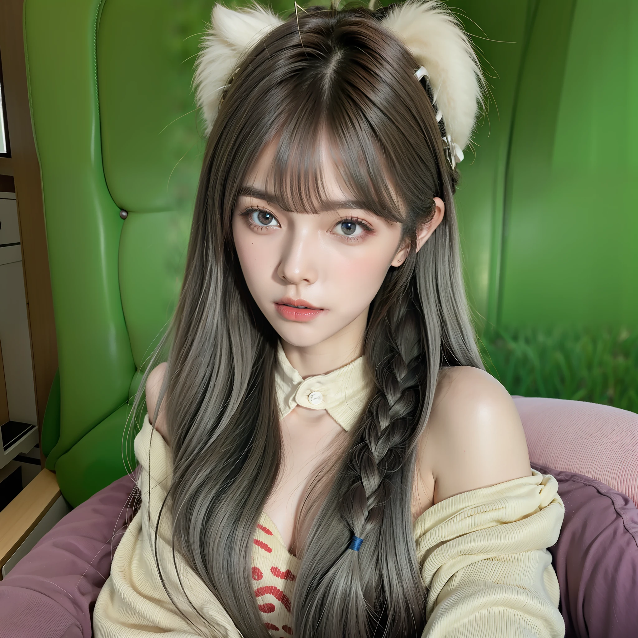 best qualtiy，highly  detailed，tmasterpiece，ultra - detailed，（Realistis：2.0），1girll，（Fundo verde claro），simplebackground，Elaborate Eyes，Gray hair，a purple eye，Hair_decorations，（white offshoulder shirt：1.3），long whitr hair，spiky_hor ears，crown_Braid，Innocent expression，hair straight，（++Sat down：1.2），Beds，