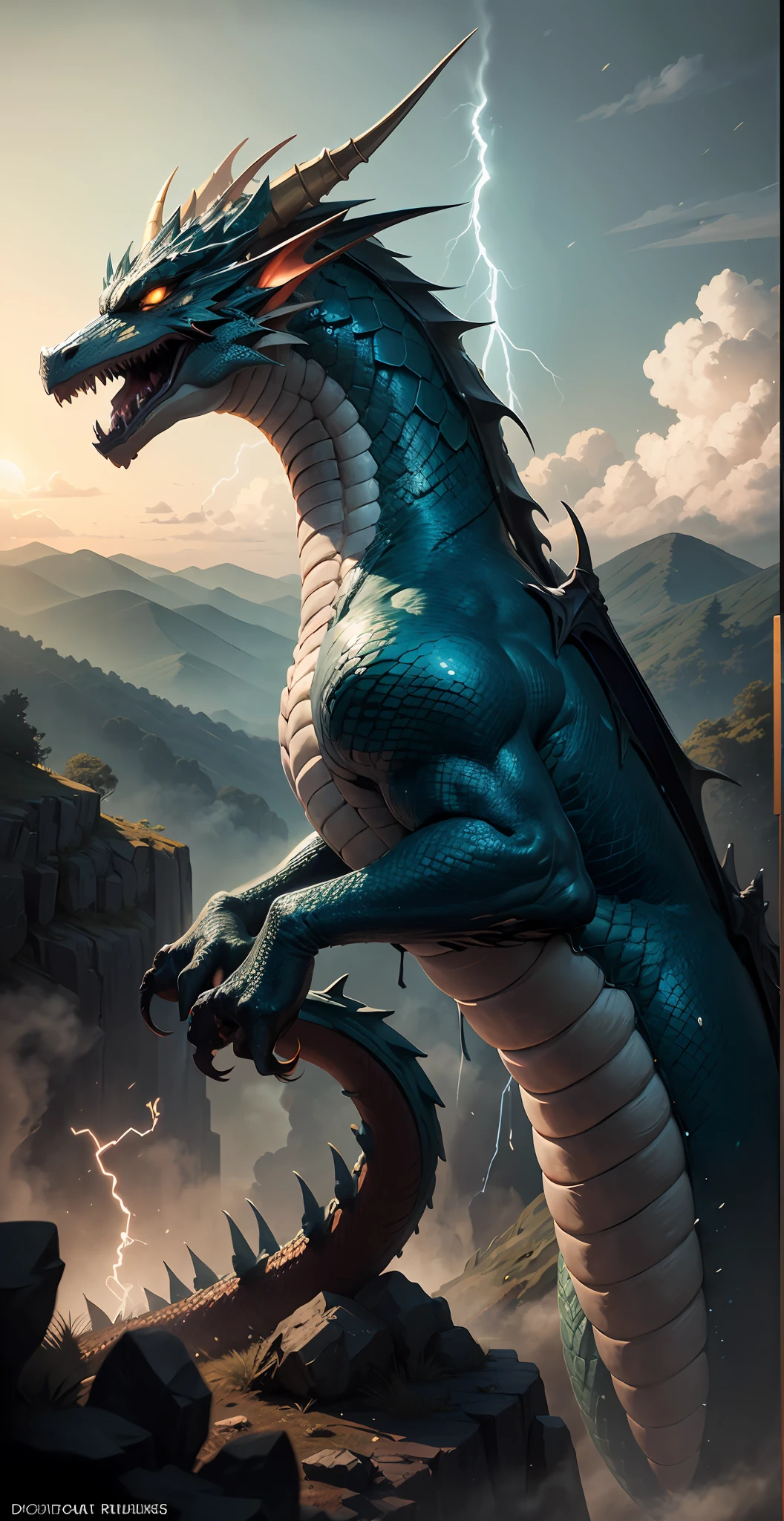 Drawing of a dragon with a long tail and a big mouth, Silver Dragon, argent、long body、Face centered、Japan Dragon, Oriental dragon, oil painting of dragon, Raiden's Dragon Snake, Bursting lightning、Spark、Clear blue sky background, Dragon flying in the sky、Dragon in the sky、Green mountains on the left and right々、Realistic Trees々、dragon art, Dragon Concept Art, majestic japanese dragon,top-quality、超A high resolution、(Photorealsitic:1.4)、、hight resolution、detaileds、Raw photo、Sharp resolution, by Lee Jeffries Nikon D850 Film Stock Photo 4 Kodak Portra 400 Camera F1.6 lenses Rich colors Ultra-realistic textures Dramatic lighting real engine art station trends Synestil 800 Art Station Trends Digital Art 8K HD High Resolution Details Real、detaileds、Skin Texture、ultra-detailliert