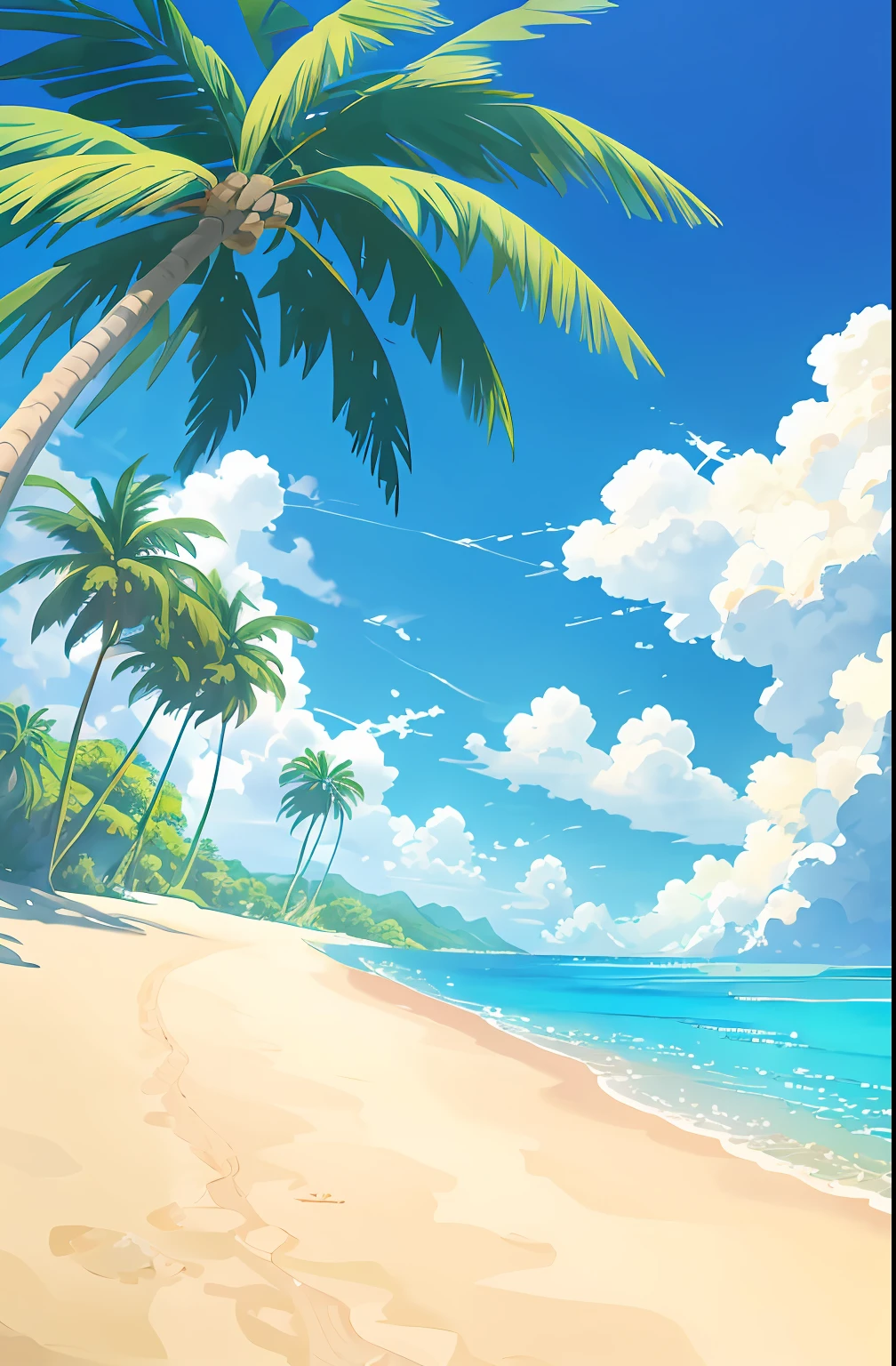 There are cartoon photos of beaches with palm trees, Anime Background Art, detailed scenery —width 672, Anime landscapes, anime scenery concept art, Anime scenery, made with anime painter studio, Anime Background, painted in anime painter studio, island background, anime landscape wallpapers, Beautiful anime scenery, 4K HD Illustration Wallpapers, sunny day at beach