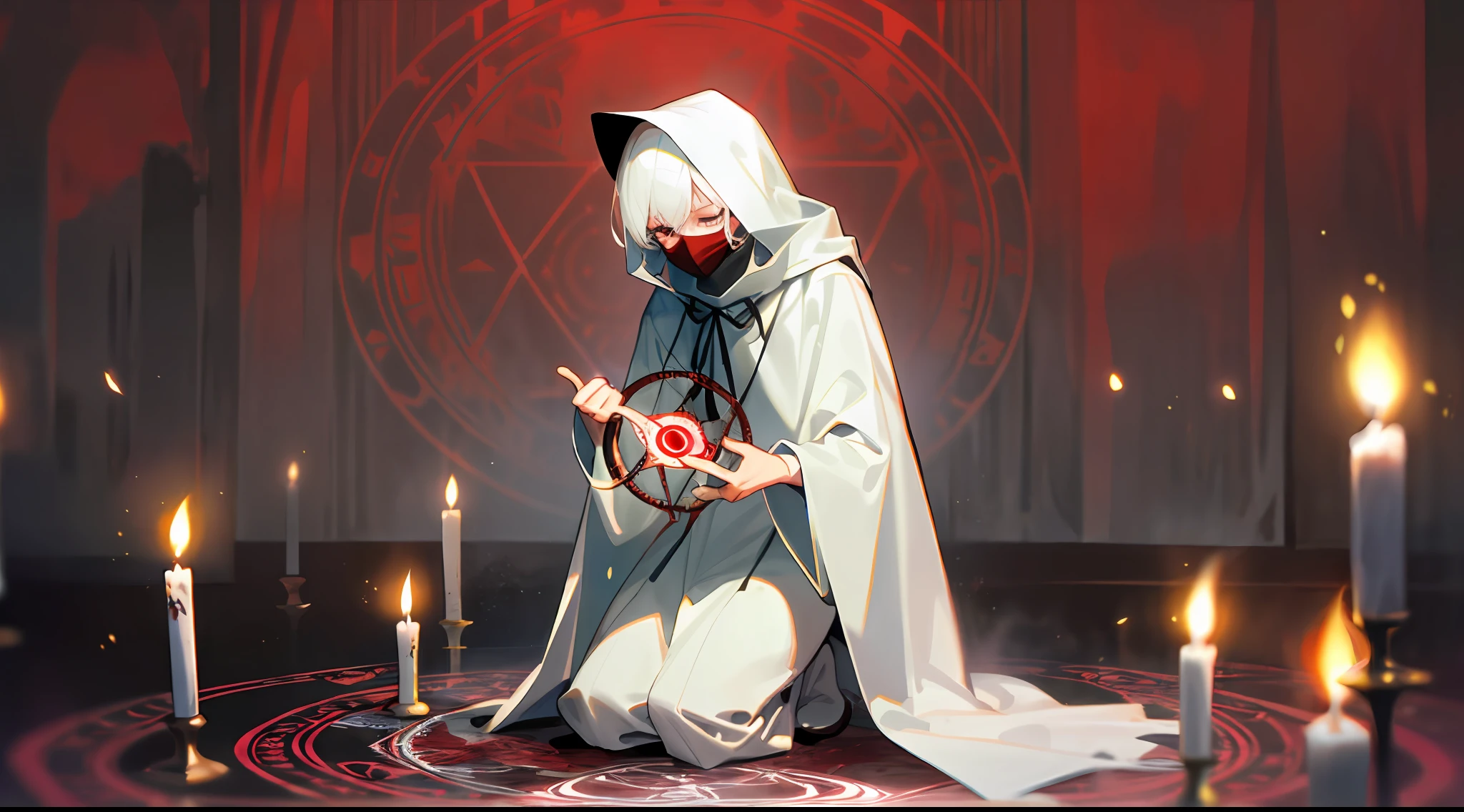 (Magic circle:1.2) summons devil into a dimly lit (room:1.1), a cultist (white hair),(kneeling:1.1) in devout prayer, wearing a (white cloak), (wear red face mask), surrounded by flickering (candles:1.1)