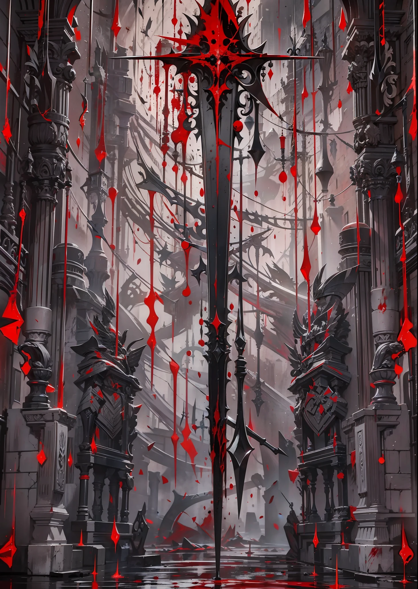 spear,A weapon,black in color,Red lines,Dripping blood,The background is a dimly lit stone chamber