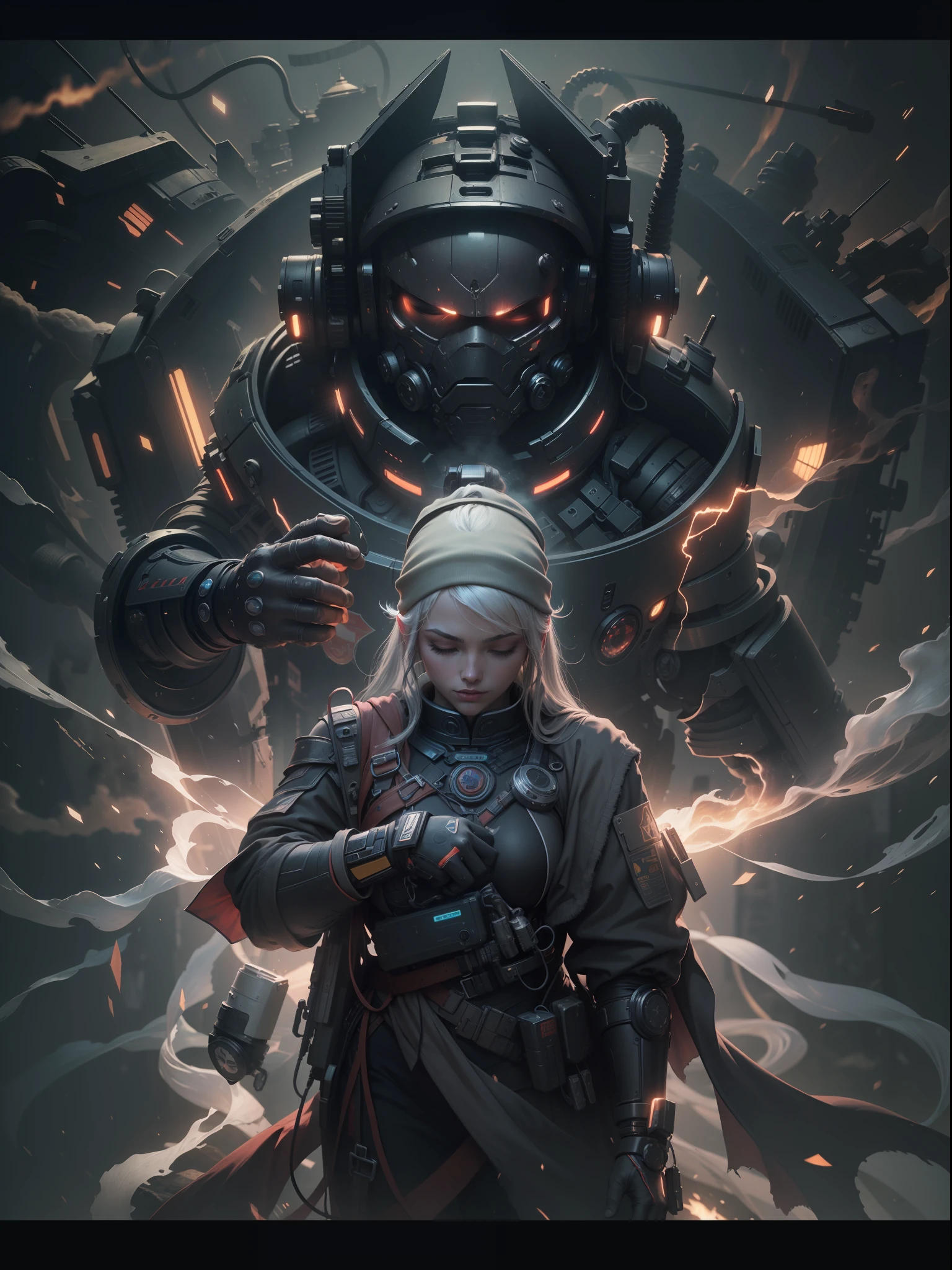 (((Masterpiece))),(((Best quality))),(((Amazing detail))),((illustration)),((A high resolution)),((8K)),Buddha,Buddha nimbus,Buddhist backlight,eyes closed,chiaroscuro,cyberpunk,mecha,metal material,neon light,pov,from below,dark fantasy,Black atmosphere,overcast,realistic,Photorealistic painting art,Rich texture,complex headwear,the whole body,full body,gear background,steam,