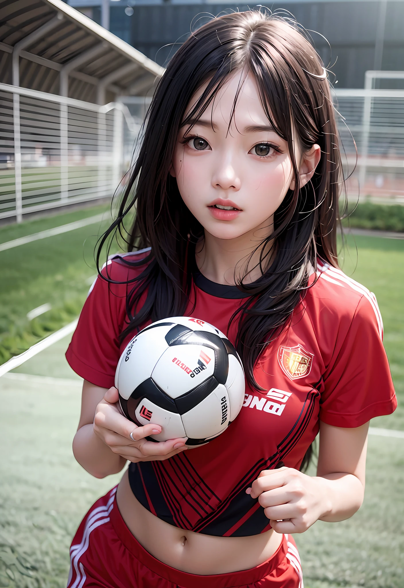 8K、Top image quality、​masterpiece、夏天、Playing Soccer、20yr old、(1little girl)、In the fields、(Facial expressions that enjoy with all their might)、Cinematic lighting、Expressing the speed and dynamism of soccer、headline、Sweat dripping、Wearing red and black vertical stripes