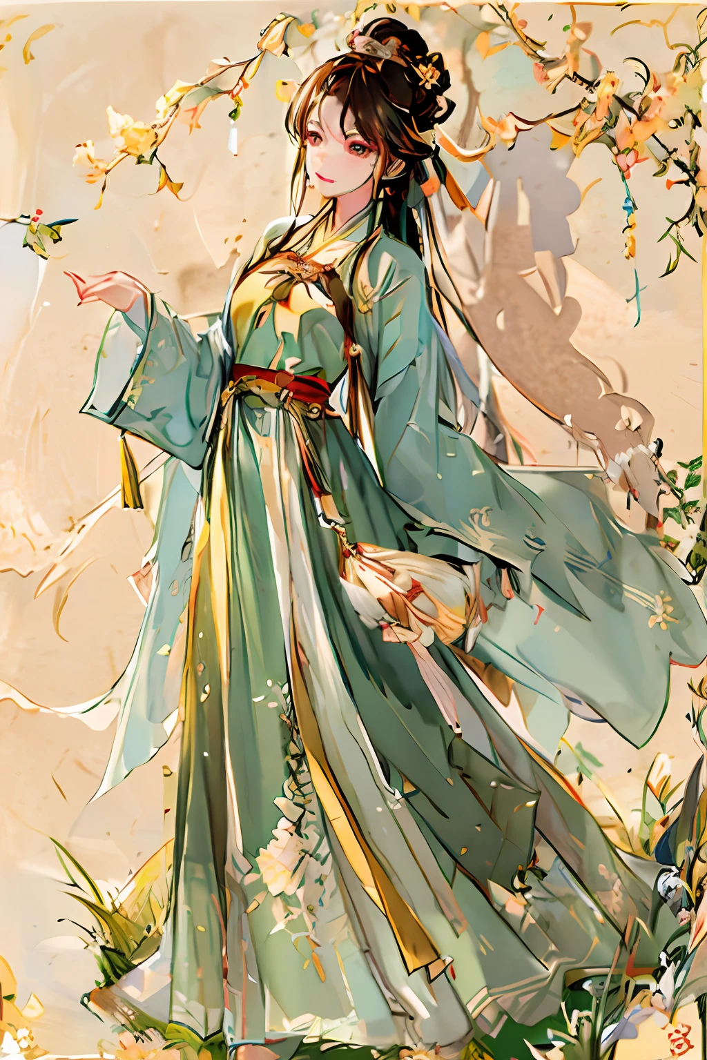 1个Giant Breast Girl,ancient wind,Hanfu,brunette color hair