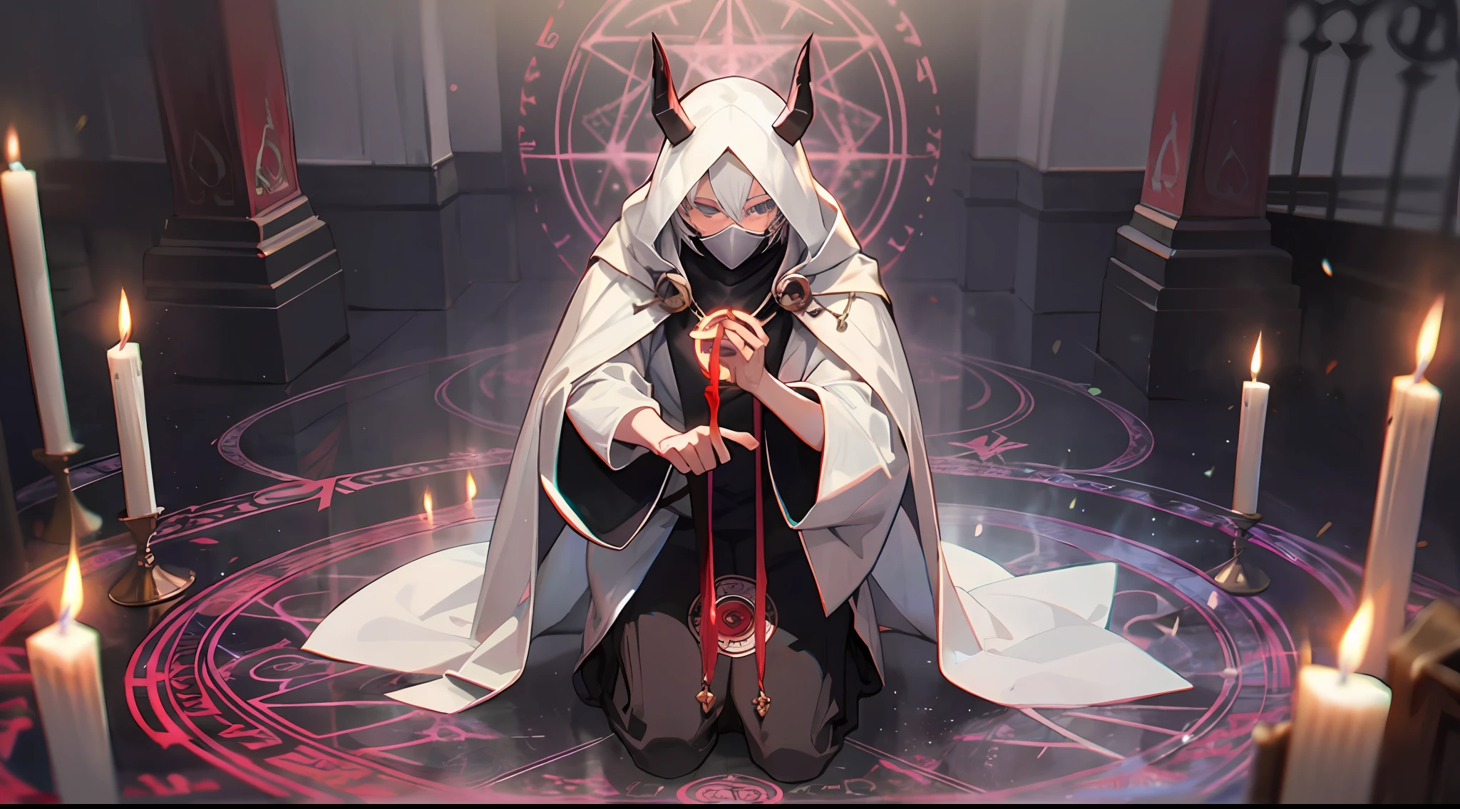 (Magic circle:1.2) summons devil into a dimly lit (room:1.1), a cultist (white hair),(kneeling:1.1) in devout prayer, wearing a (white cloak), (wear red face mask), surrounded by flickering (candles:1.1)