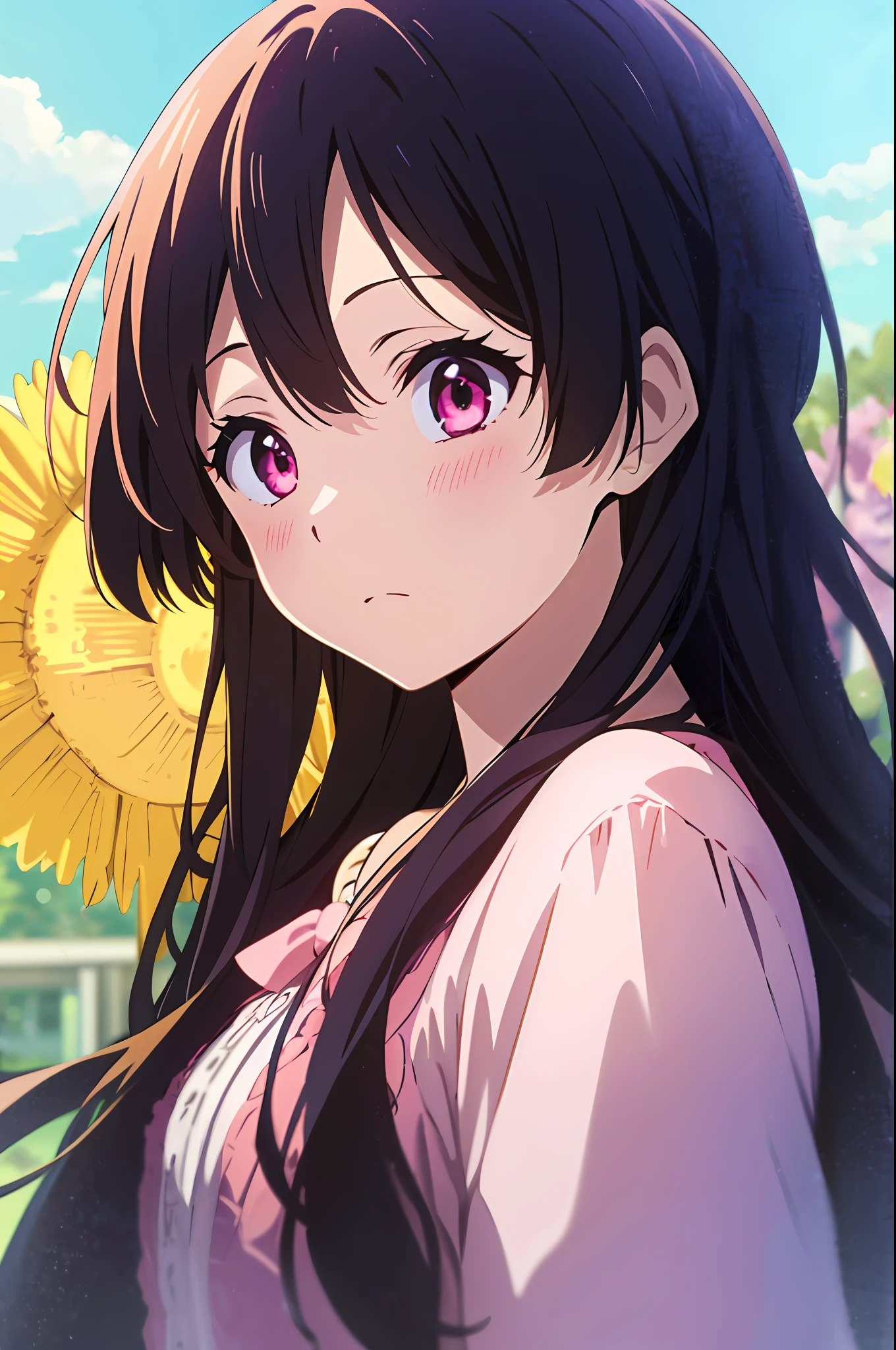 (highres, best quality:1.2), 1girl, radiance, soft contours, beautiful drawing, upper body, concept art, eyelashes, kyoani hyouka style, may, sun, spring, blue sky, detailed background, light blush, bright colors