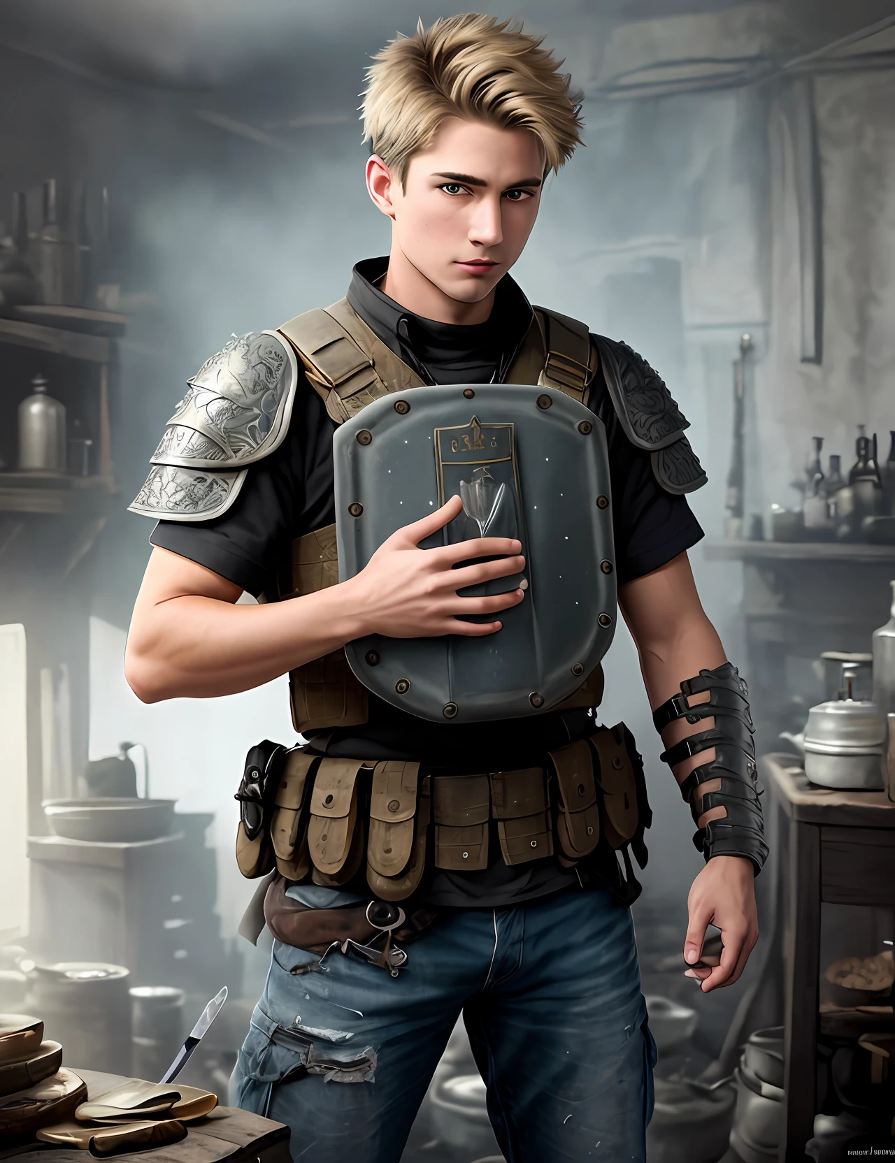 Alpine dusk handsome guy lonely Wine jug in one hand and sword in the other Free back