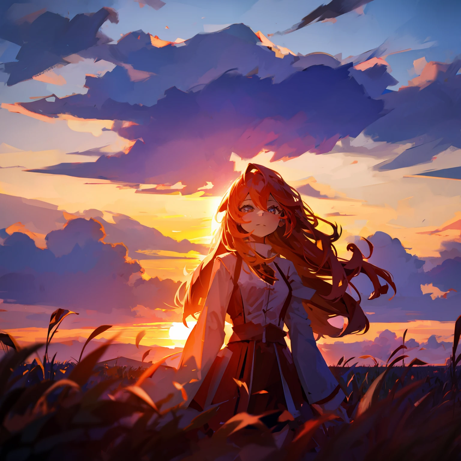 girl standing in field, closeup, portrait, clouds, sunrise
