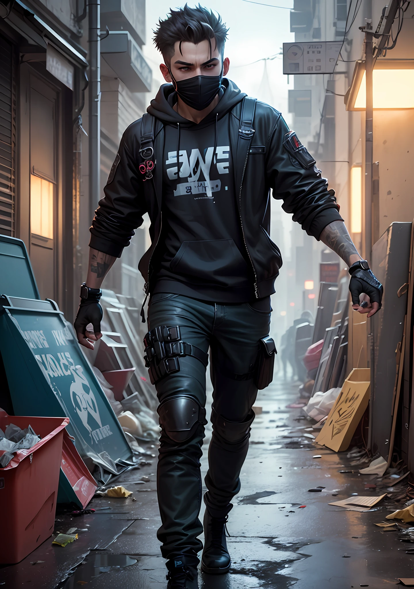 ultra detail, high resolution, ultra detailed, best quality, amazing, top quality, extremely detailed CG unity 8k wallpaper, cinematic lighting, cyberpunk, dark boy, trash gang facemask --auto