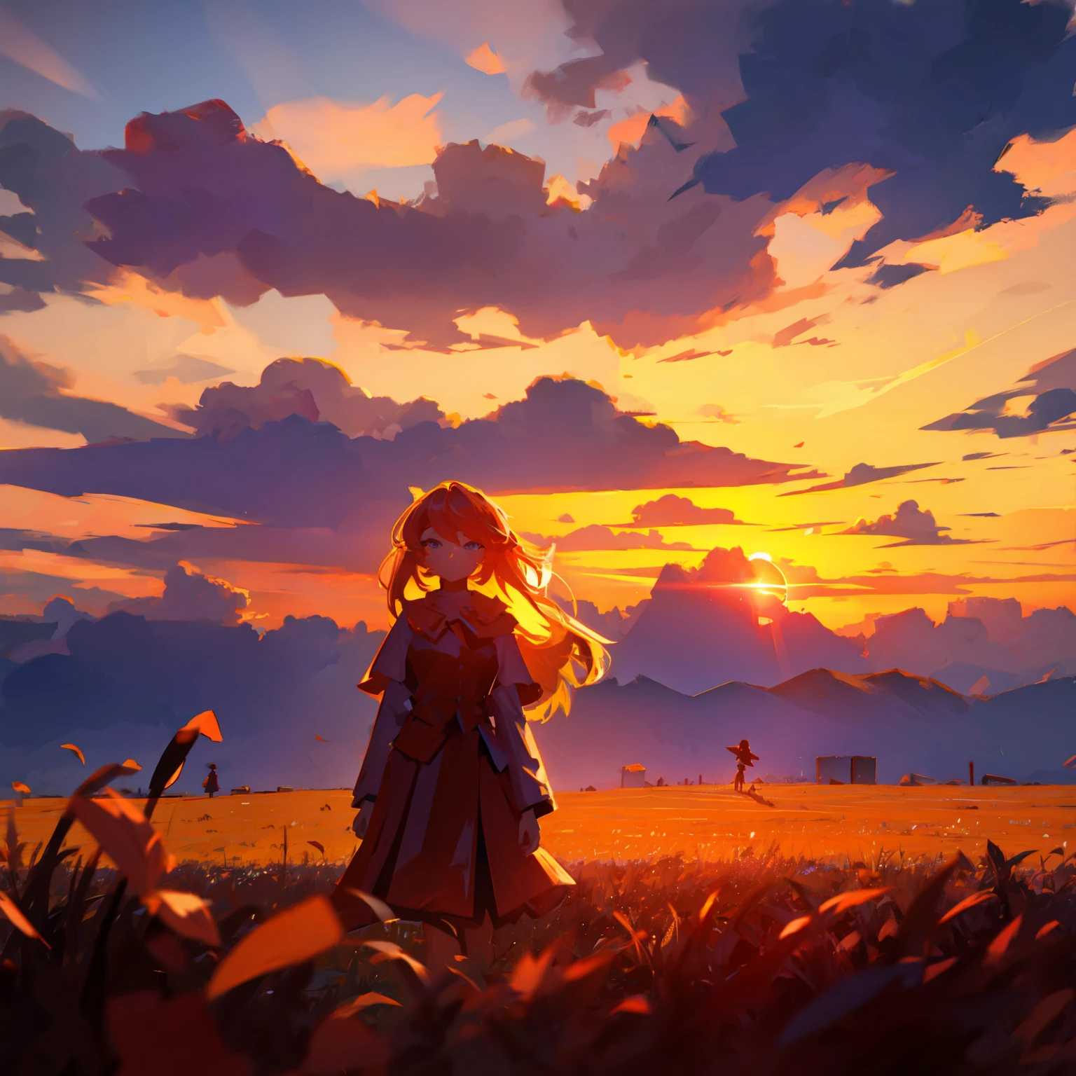 girl standing in field, closeup, portrait, clouds, sunrise