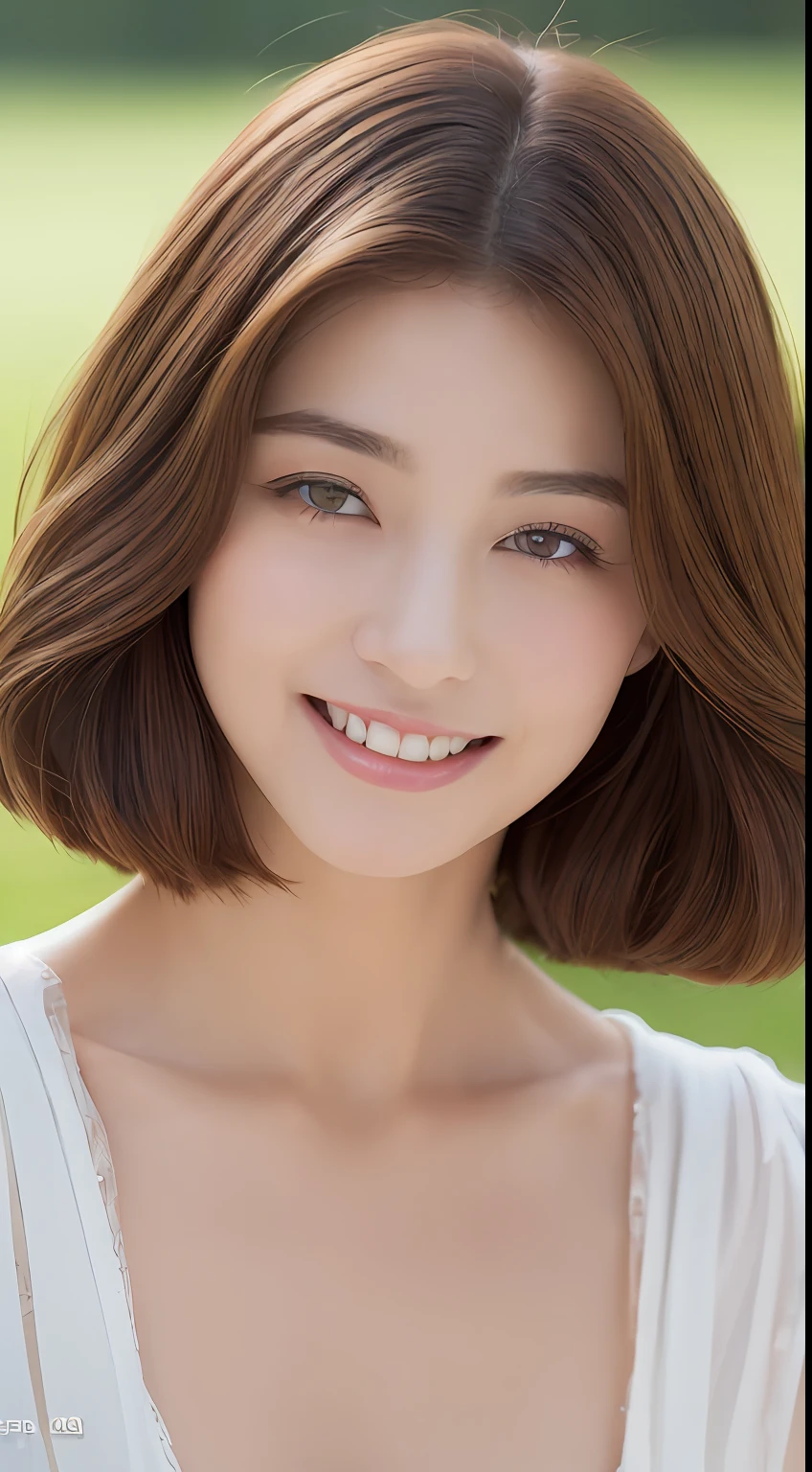 ((top-quality、8K、​masterpiece:1.3))、20 years girl、Slim Abs Beauty:1.3、(Hairstyles Brown Hair Shortcuts、Colossal tits:1.2)、doress:1.1、Super fine face、Delicat eyes、二重まぶた、A smile、Home、Raw photo、Smooth Pose