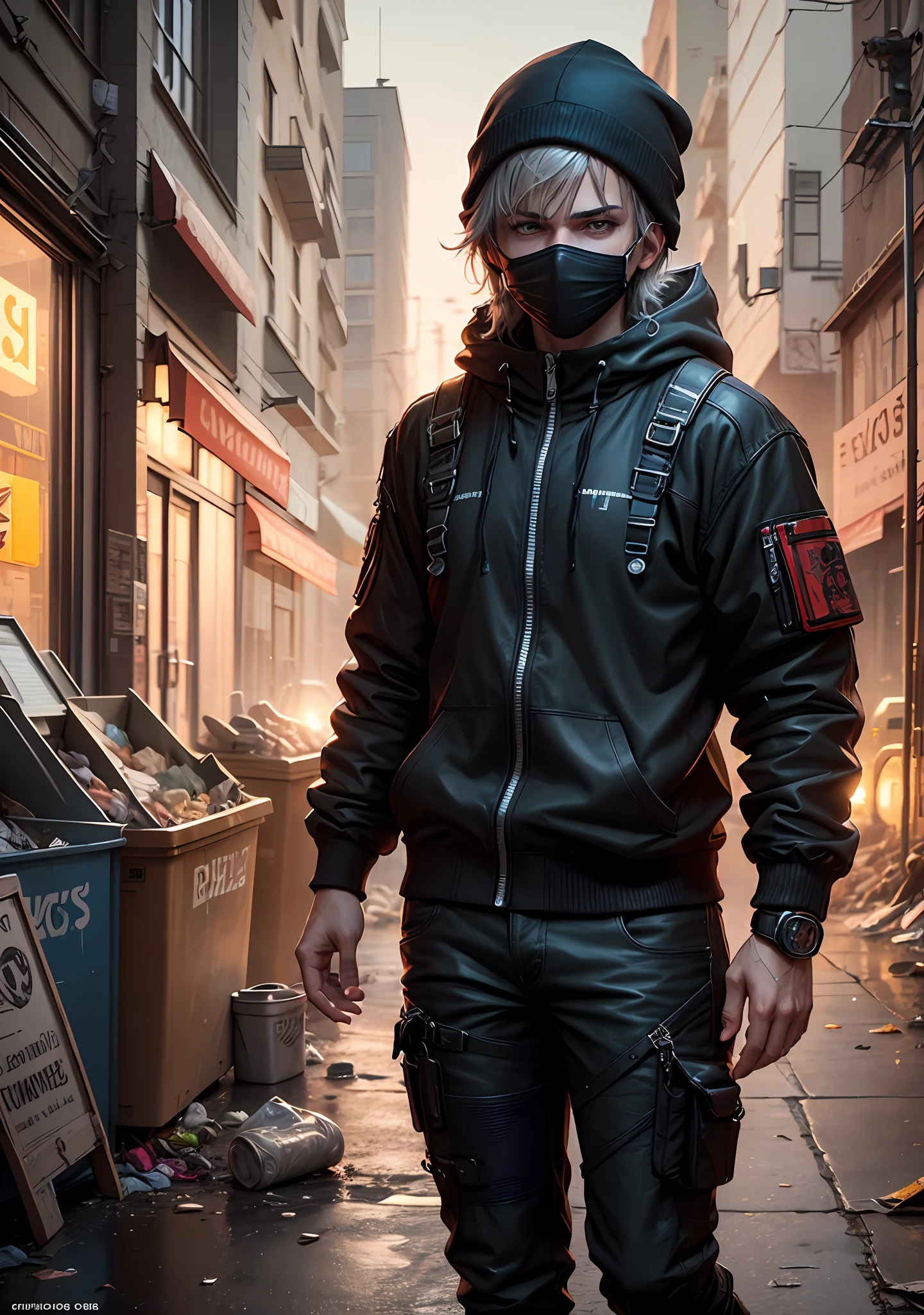 ultra detail, high resolution, ultra detailed, best quality, amazing, top quality, extremely detailed CG unity 8k wallpaper, cinematic lighting, cyberpunk, dark boy, trash gang facemask --auto