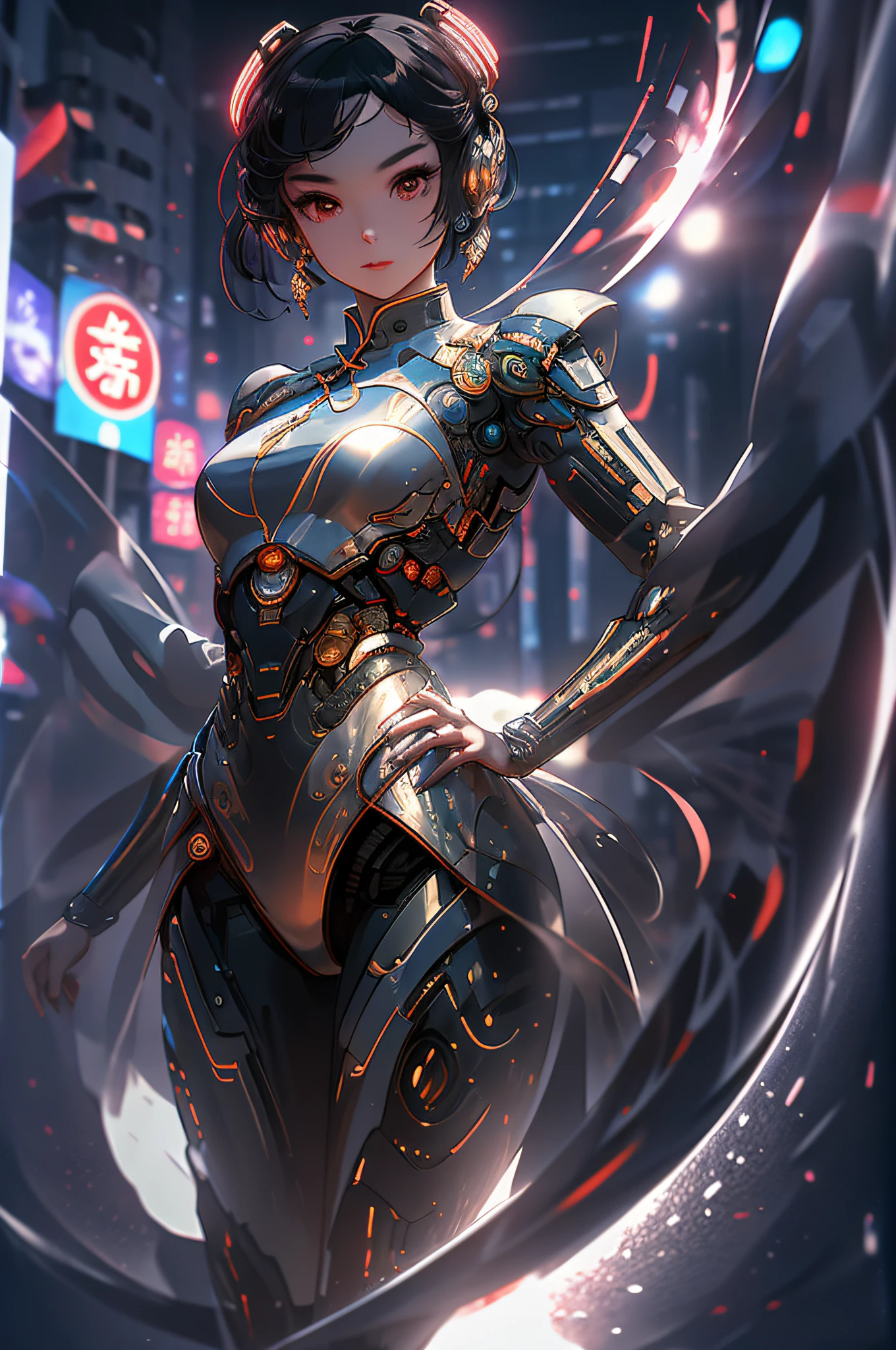 a yang girl, androids 3D style face, fair skin, exquisite facial features.Hanfu and mecha, Cyberpunk, projection holographic display, holographic halo, Laggador's Ring, Surrounded by holographic ribbons throughout the waist, fluorescent, Shock, explosion, special effectsPerspective View, Chinese martial arts movements, Kung Fu, Tai Chi3D art, OC rendering, Hyper-Realistic, rich background, Realistic Details, DetailedDepiction, Minute Details, futurism, 3D rendering, Unreal Engine, UHD, 8K