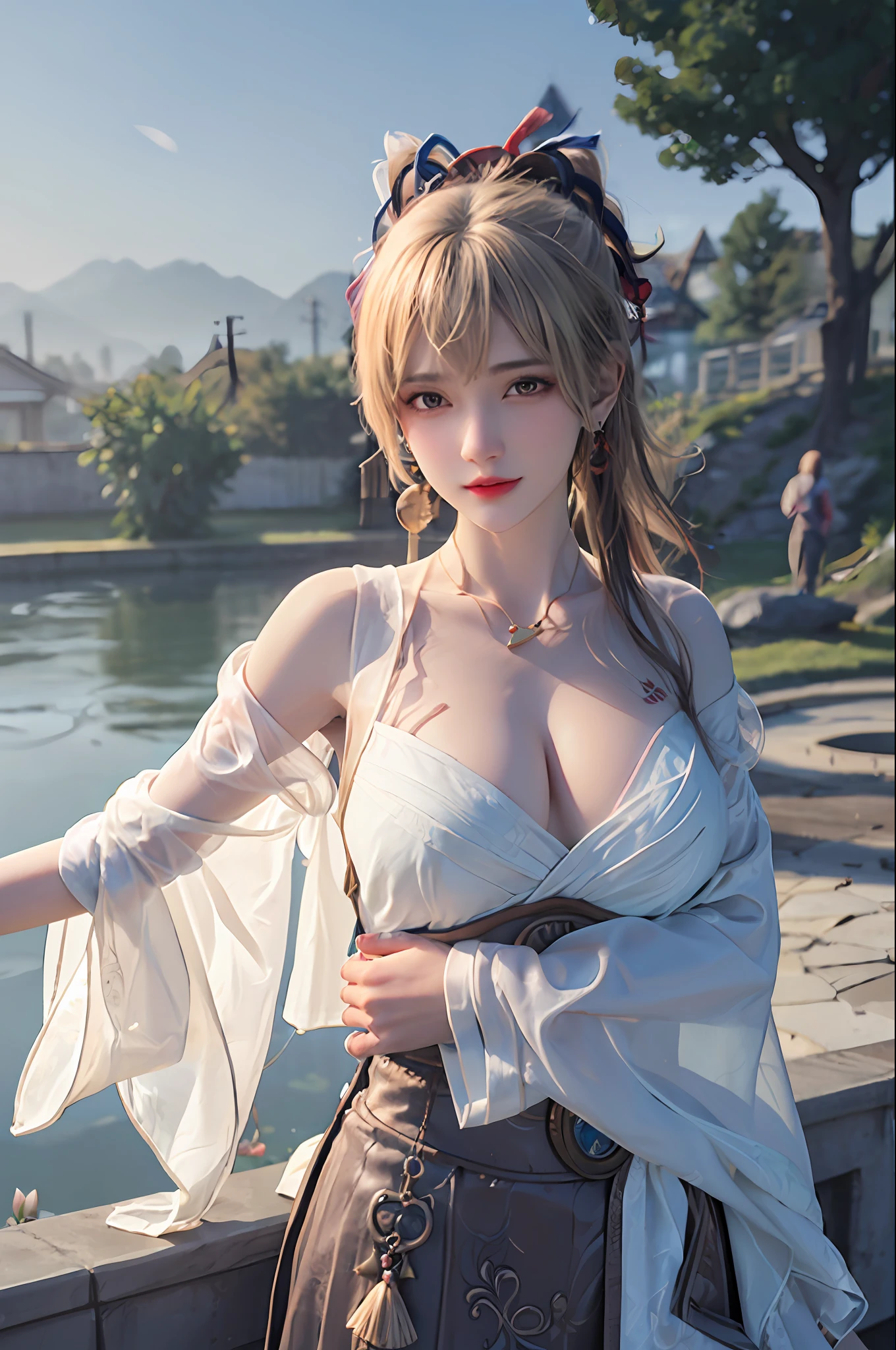 delicated best quality ,masterpiece, illustration, an extremely delicate and beautiful, extremely detailed ,CG ,unity ,8k wallpaper, Amazing, finely detail, masterpiece,best quality,official art,extremely detailed CG unity 8k wallpaper,absurdres, incredibly absurdres, huge filesize , ultra-detailed, highres, extremely detailed,beautiful detailed girl, extremely detailed eyes and face, beautiful detailed eyes,light on face,1girl, ((yoimiya/genshin impact), (Super realistic), (((blond hair))), (high ponytail), (yellow eyes), (tattoo), ((jewelry)), (slave necklace), (((describe the arm in detail))), (((Super boobs))), ((Big ass)), ((thighs)), ((Plump body)), (Big breasts), ((Plump boobs)),, (detailed description of hair), (Iron chains on the neck and hands), (gem earrings), ((upper body)), (Bare shoulder), ((collarbone)), ((offshoulder)), (Shiny skin), (detailed description of face), (detailed description of body), (white and translucent skin), peerless beauty, (extreme beauty), (red lips), (shy ), ( smile), ((facing the viewer)), ((facing)), (((cherry blossom))), (falling petal), ((bathrobe)), (penetration), (thin silk), ((long sleeves)), ((wide sleeves)), ((infinity sea)), the water surface is reflective, (any pose), (((soaked))), ((girl submerged in water)), ((There is a lot of water on the body))