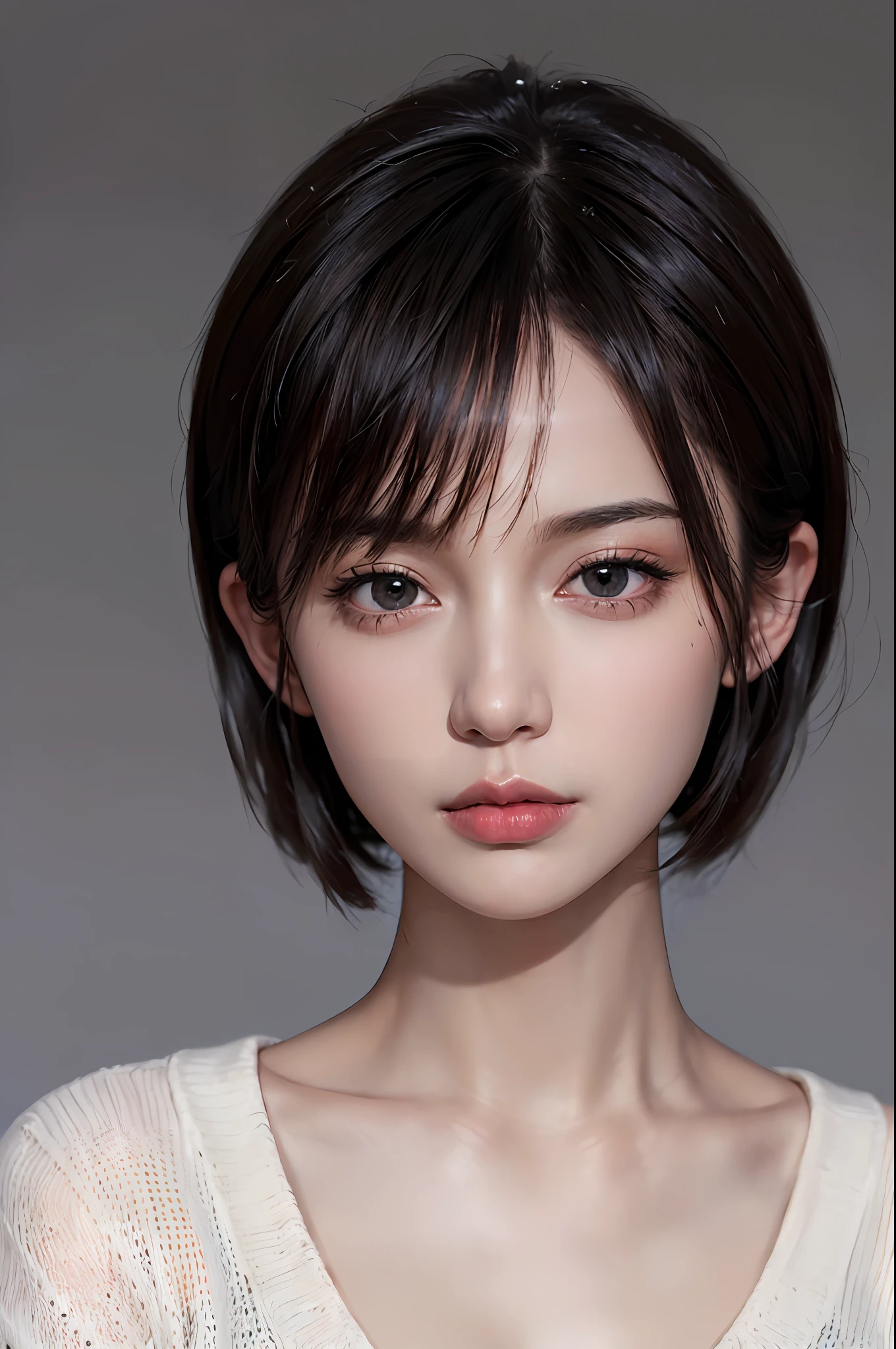 (masterpiece:1.3), (8k, photorealistic, RAW photo, best quality: 1.4), (1girl), beautiful face, (realistic face), (black hair, short hair:1.3), beautiful hairstyle, realistic eyes, beautiful detailed eyes, (realistic skin), beautiful skin, (sweater), absurdres, attractive, ultra high res, ultra realistic, highly detailed, golden ratio