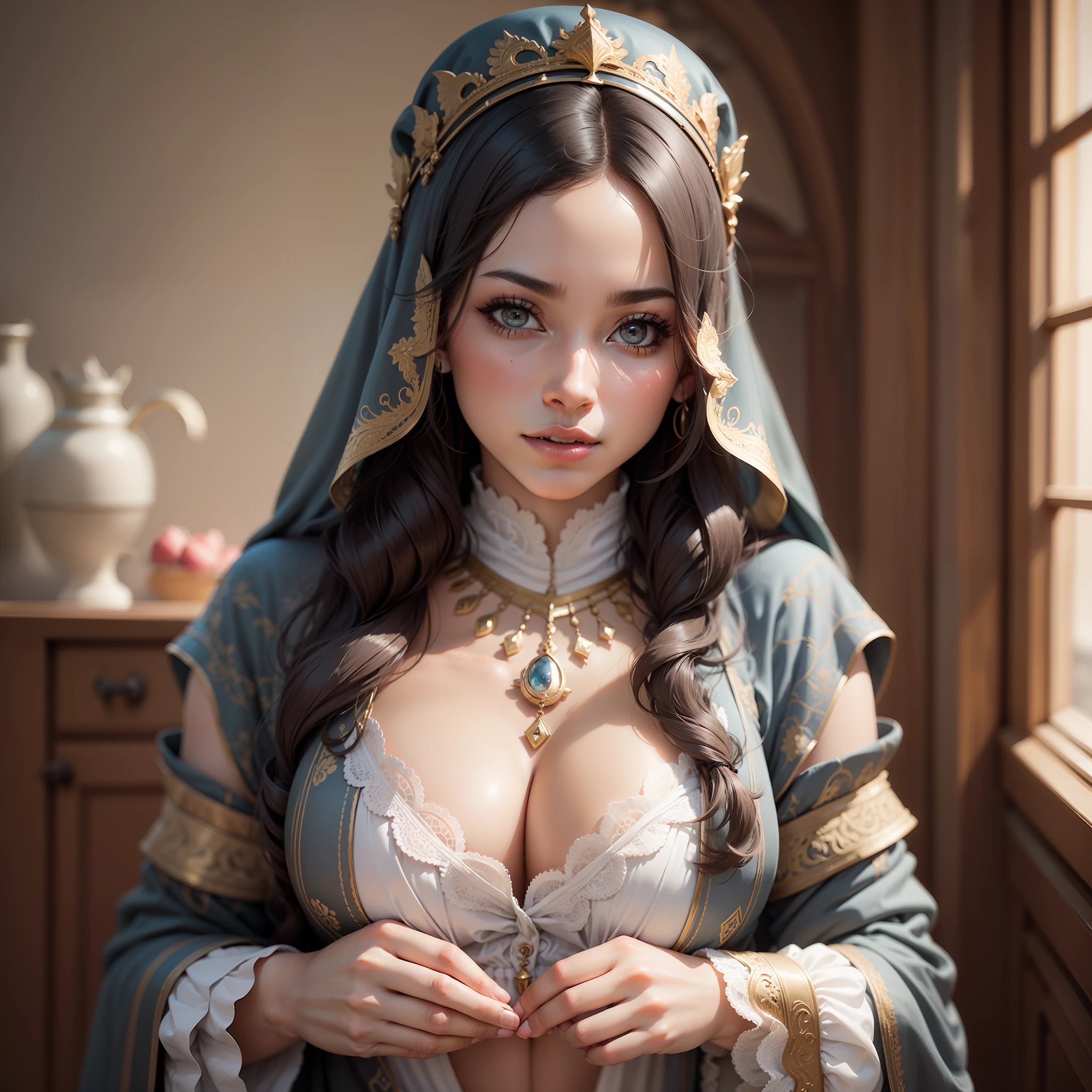 Sexy woman, Arabian, 11th century, simple housewife, grey lighting and accents