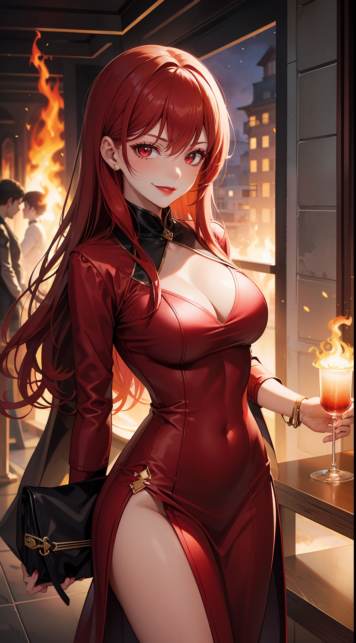 Adult woman, Long bright fiery red hair, fiery red eyes, bright red luxury dress, red lipstick, smirk, fire, Masterpiece, hiquality