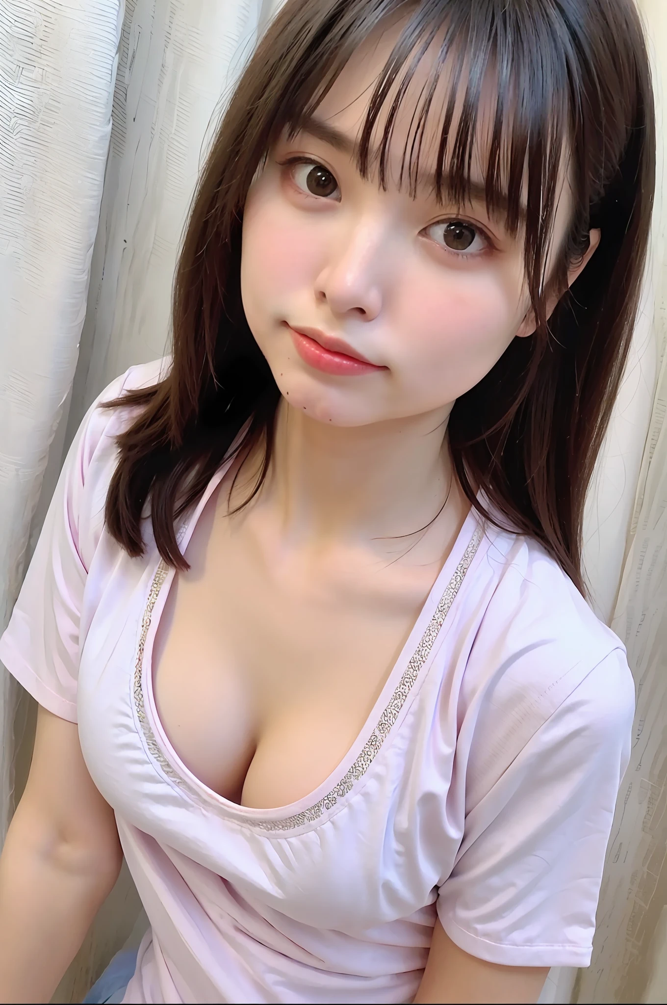 masterpiece,high-level image quality,hightquality,A Japanese Lady,small and thin face,Perfect body,Erotic look,A detailed eye,Photorealsitic,bob cuts,kawaii,(cleavage of the breast:1.3)、tshirts