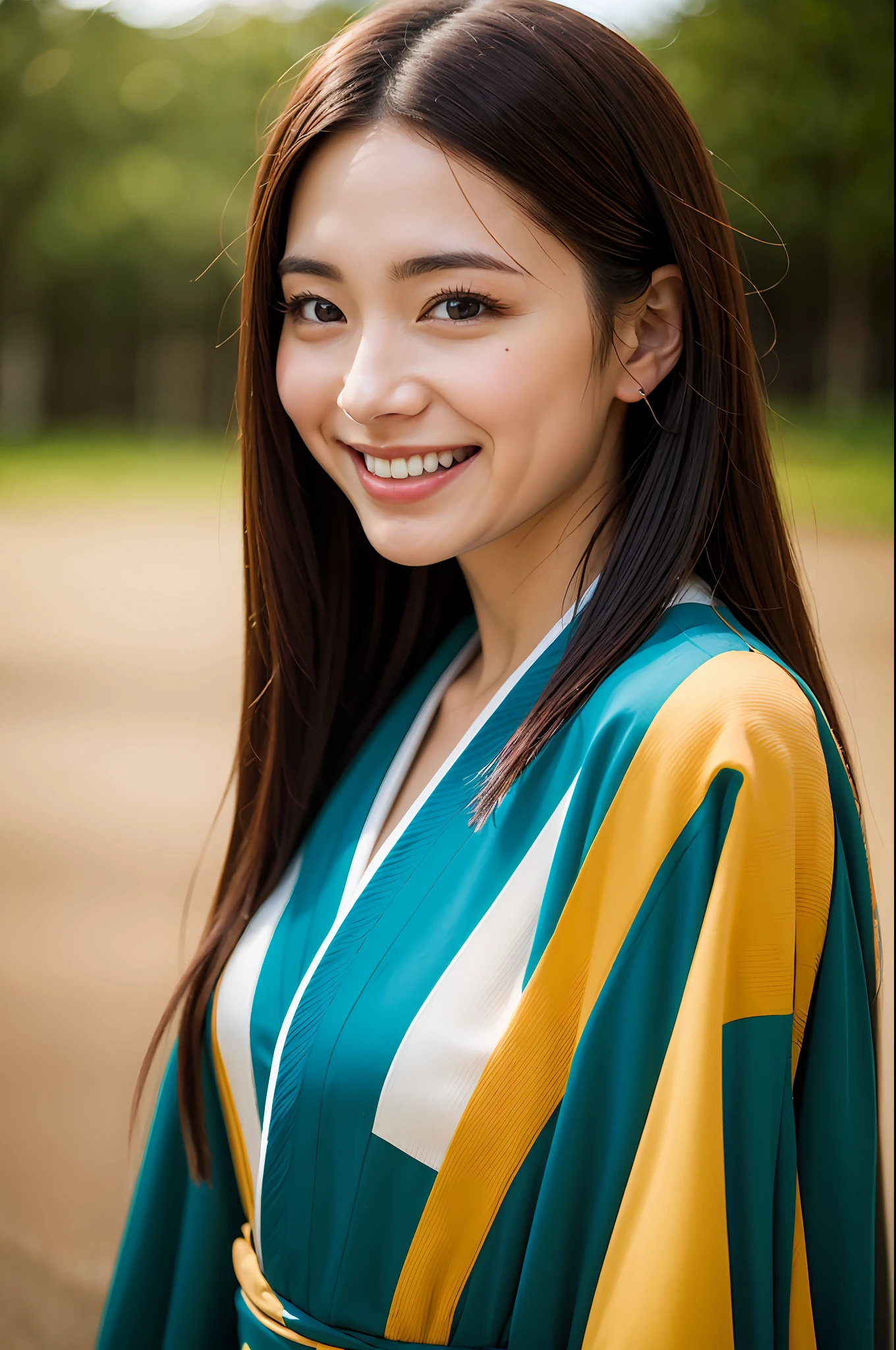 beautiful japanese female、Vivid kimono、top-quality、masterpiece、超A high resolution、Photorealsitic、Look at the horizon、A smile、Blurred background