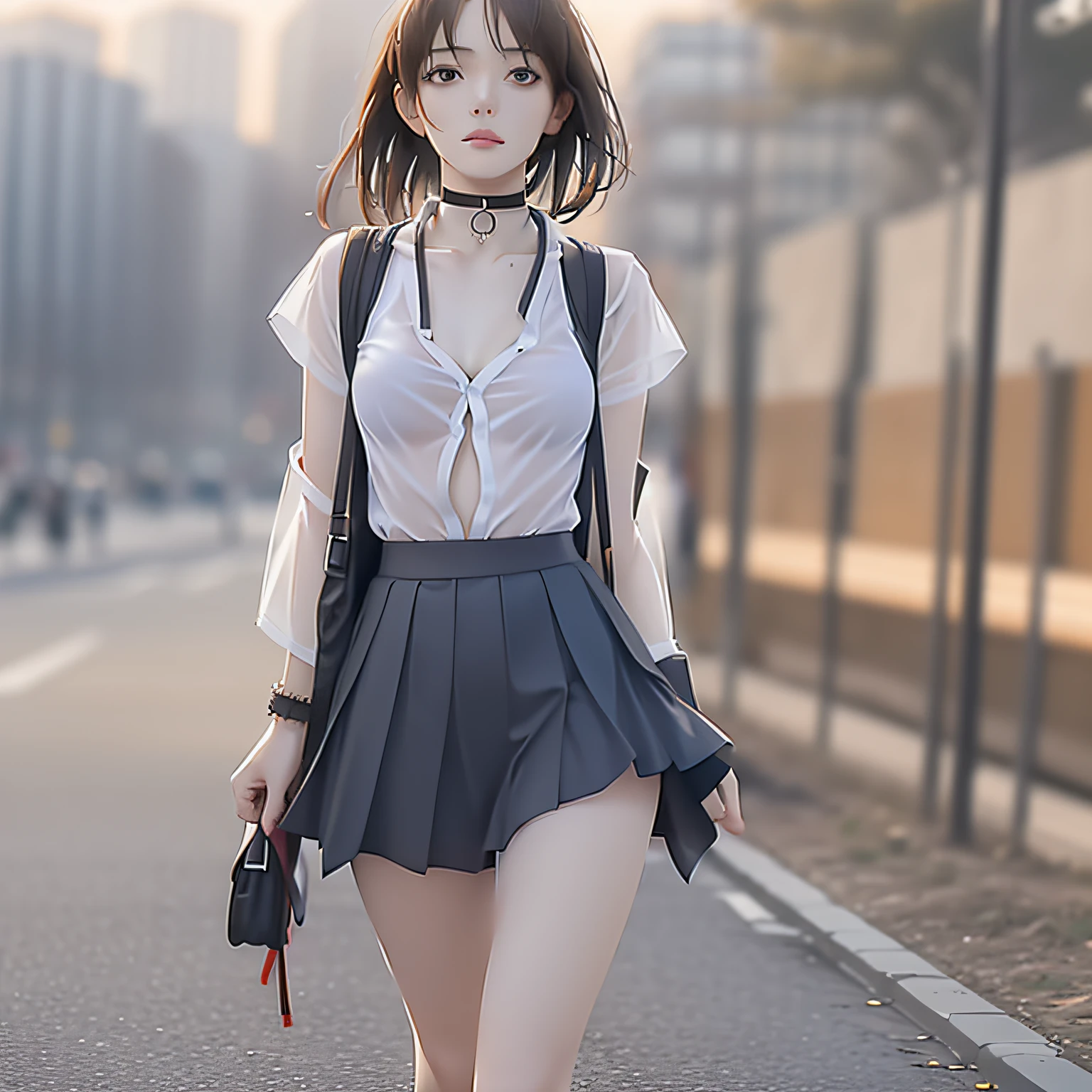 18 years old female, long hair, RAW photo, bokeh (realism: 1.4, realistic), high detail CG unified 8K wallpaper, 1girl, ((slim body: 1)), (small breasts: 1), back to viewer, ((direct view from the front)), (HQ skin: 1.4), 8k uhd, dslr, soft light, high quality, film grain, Fujifilm XT3, ((school uniform, short skirt,choker,see through open shirt:1.5)), ((outdoor, at park))) jangjoo, portrait,((Layered short Haircut, black hire,small breast:1.2)),(looking at viewer:1.4),(full body:1.8)