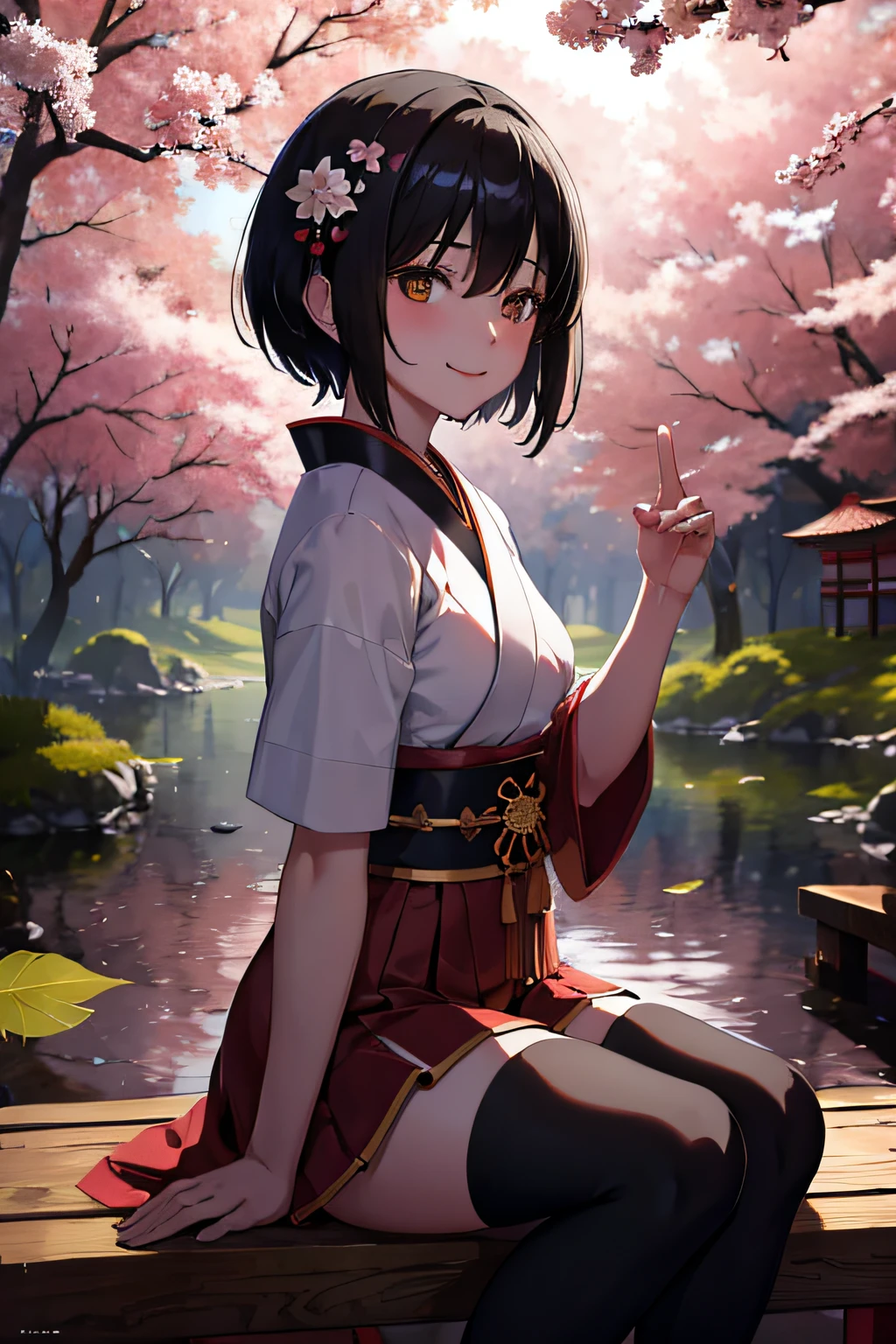 (masterpiece, best quality:1.3), (ultra detailed, cinematic lighting:1.2), 1girl, solo, black hair, short hair,  Japanese traditional costumes, black thighhighs, sitting, floating sakura leaf, shrine, sunshine, light smile