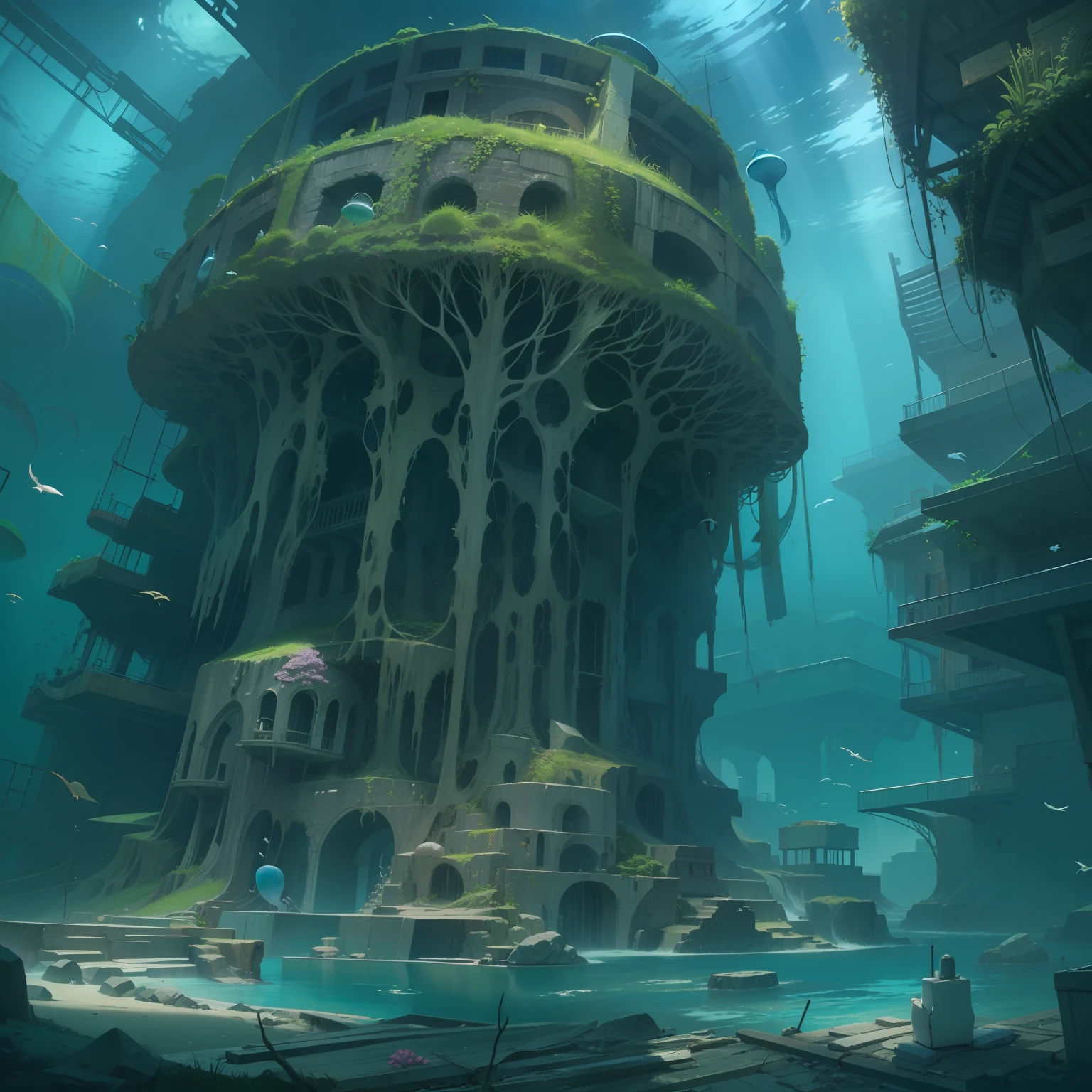 An abandoned underwater city，Remains Cliff，Fallen idols，Giant jellyfish。No Man。
