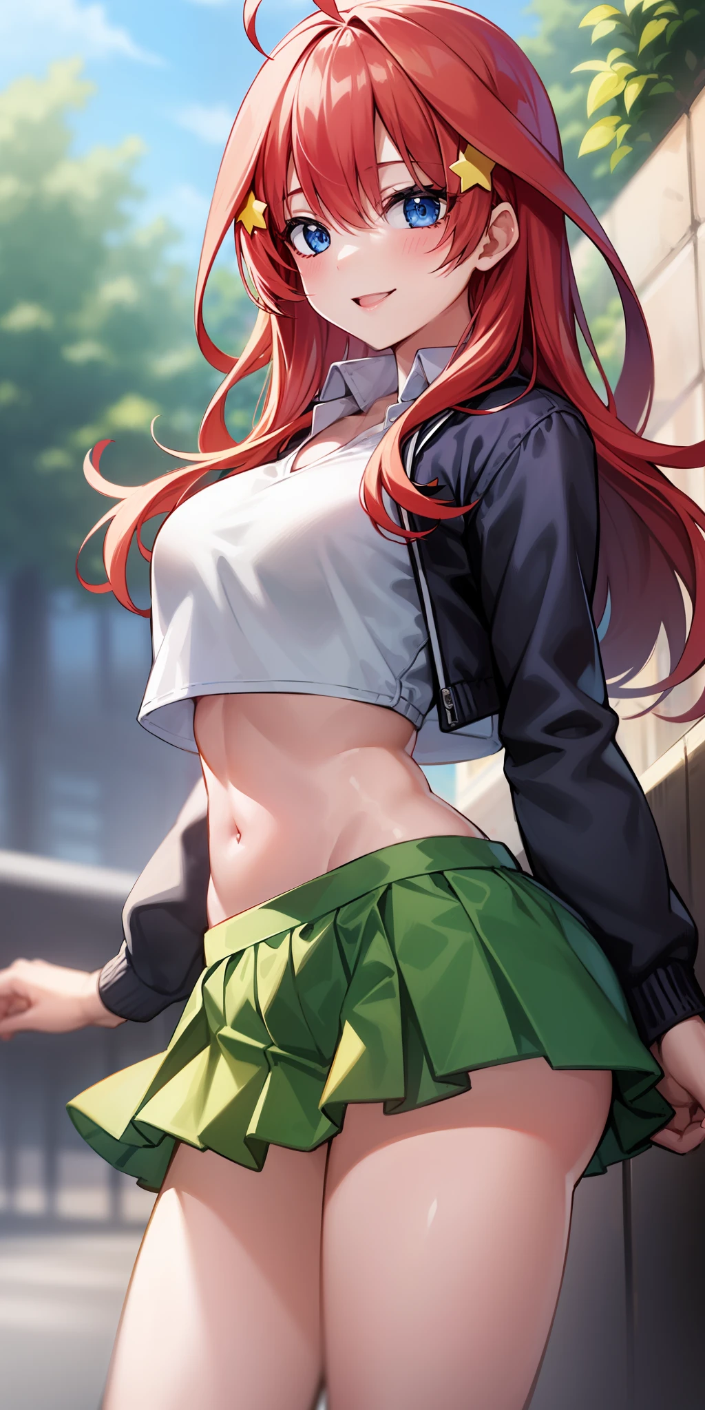 2d, masterpiece, best quality, anime, highly detailed, 1girl, solo, cowboy shot, nakano itsuki, red hair, long hair, star hair ornament, ahoge, crop top, green skirt, miniskirt, medium breasts, standing, school, outdoors, smile