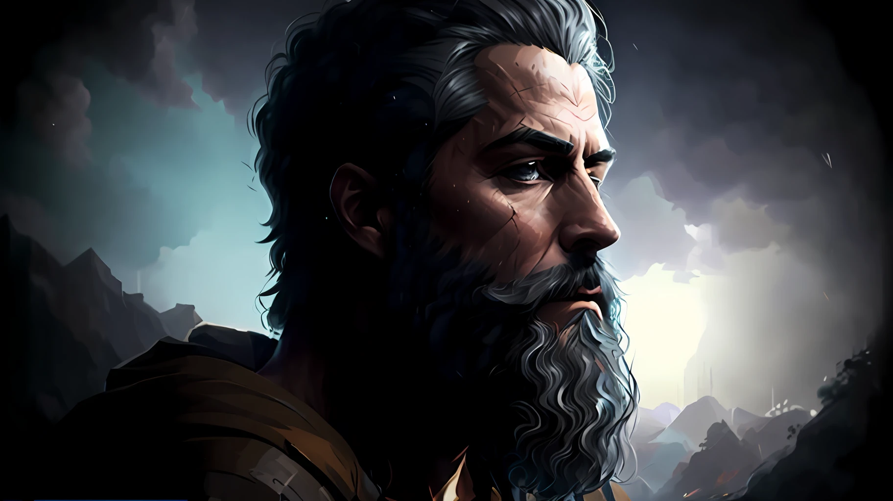 Um homem com barba e barba em cena, Petros Afshar Speedart, retrato pintado de Zeus robusto, Retrato Zeus, cinematic full character, arte de personagem motor irreal, retrato de Zeus robusto, With Leonida Beard, cinematic realistic portrait, epic scene of zeus, epic digital art illustration, artgerm ; Motor irreal 3d, Epic black and white portrait illustration