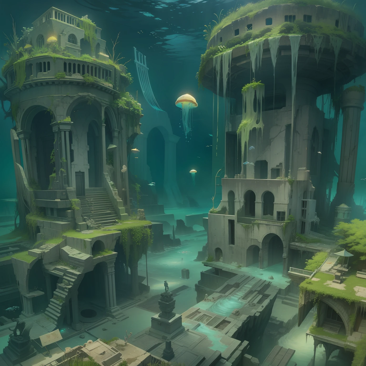 An abandoned underwater city，Remains Cliff，Fallen idols，Giant jellyfish。No Man。