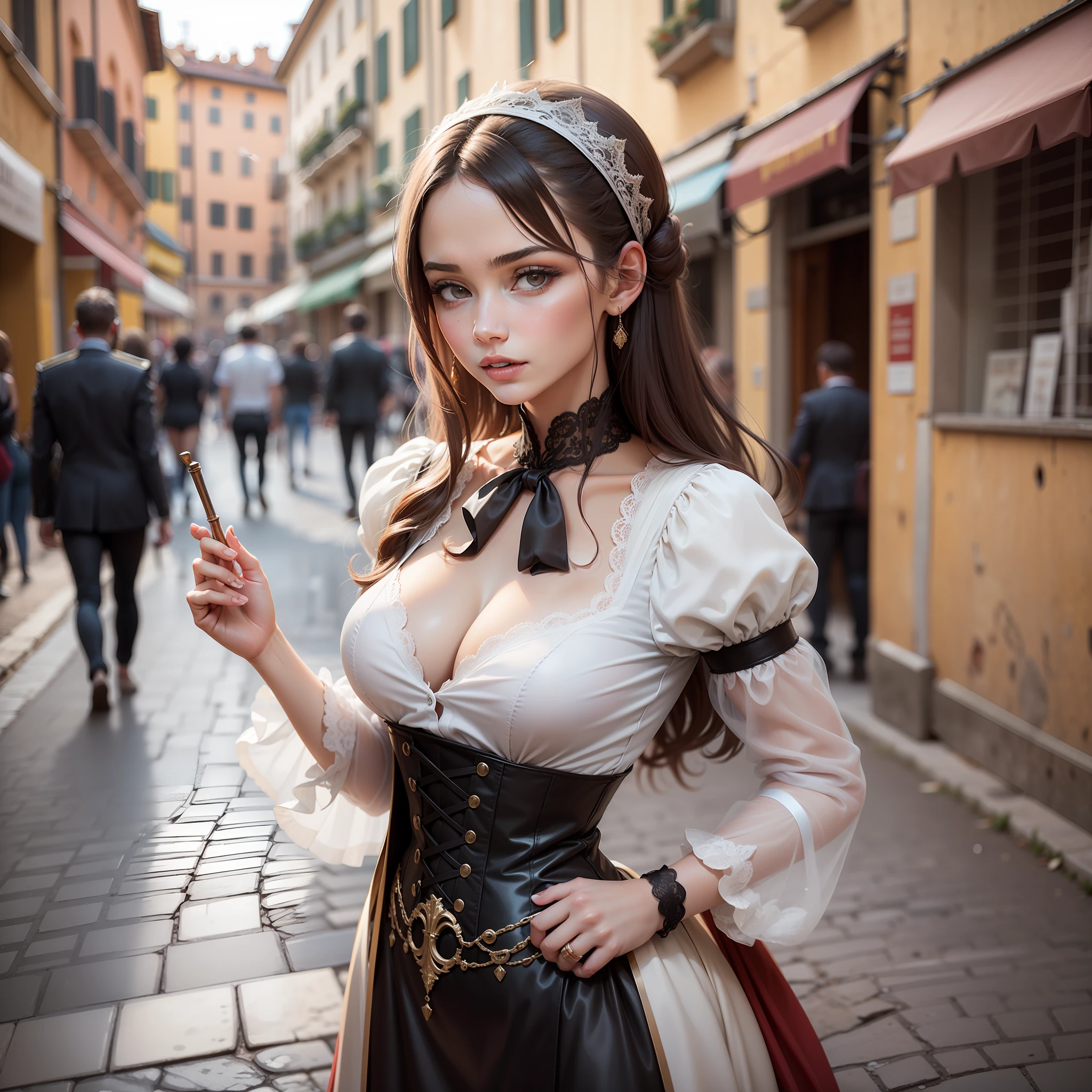Sexy woman dressed in elegant 16th century Italian attire, stands gracefully in the bustling streets of Rome, providing comfort to the Italian citizens.