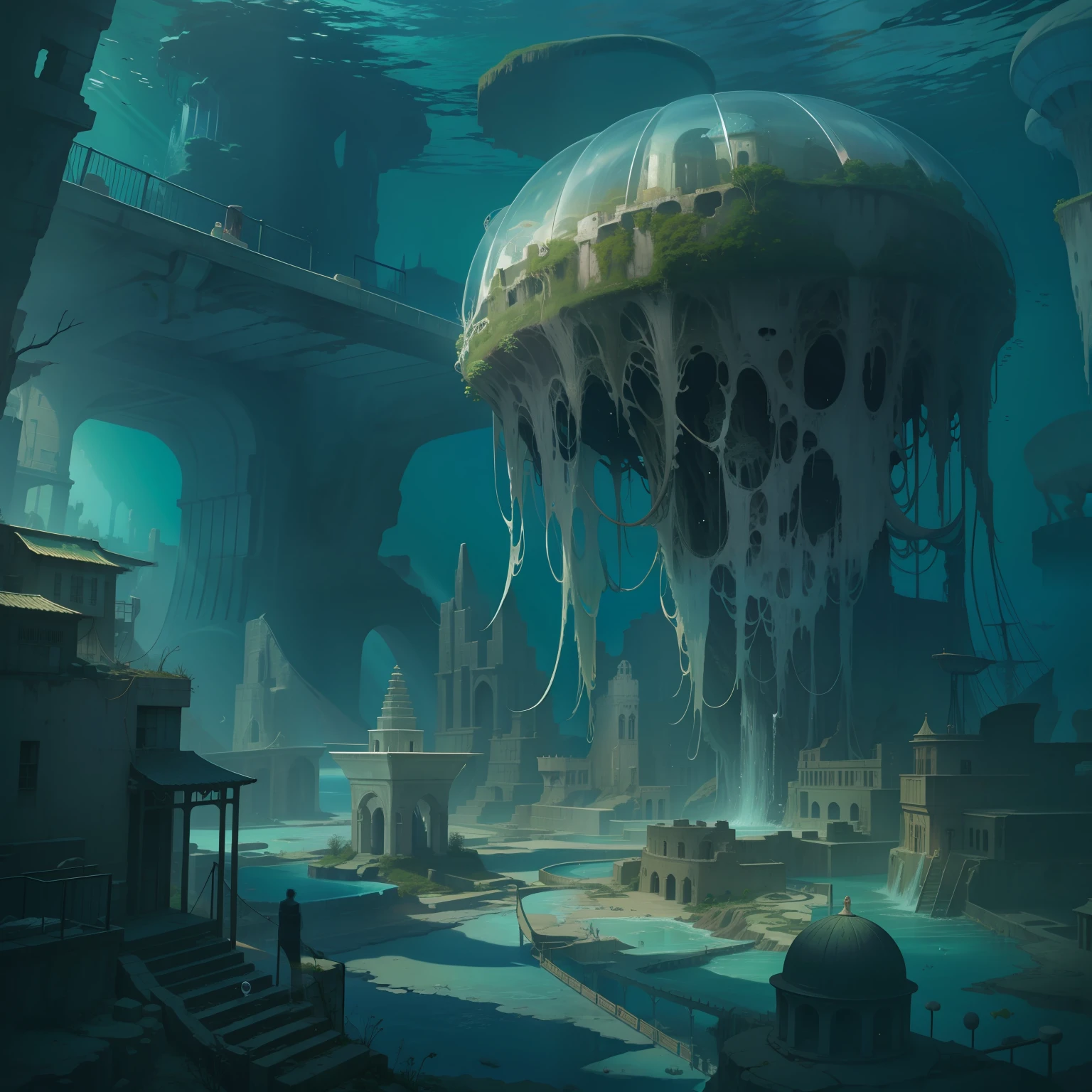 An abandoned underwater city,Remains Cliff,Fallen idols,Giant jellyfish。No Man。